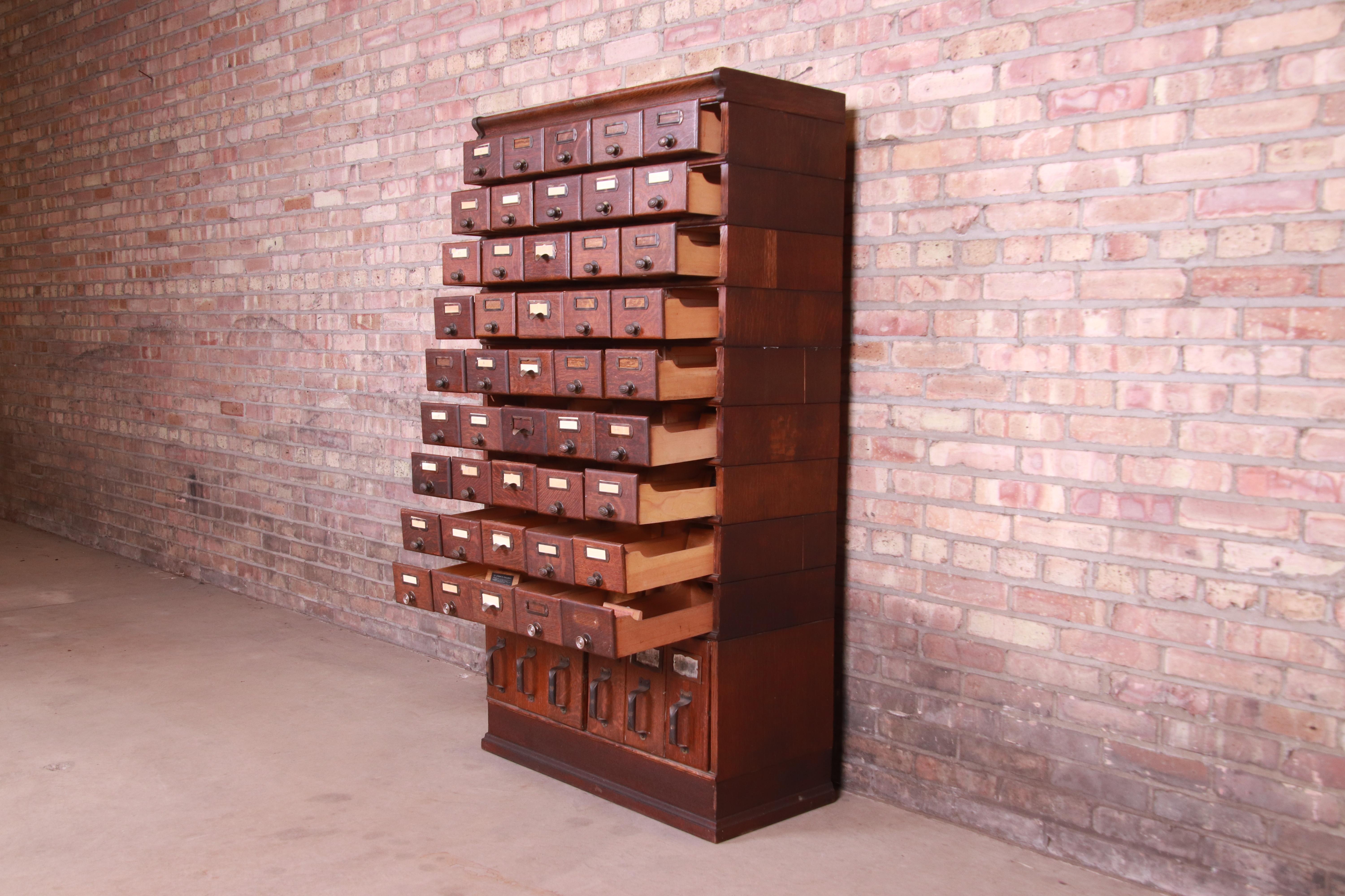Antique Shaw Walker Oak 51-Drawer Card Catalog Filing Cabinet, Circa 1900 In Good Condition In South Bend, IN
