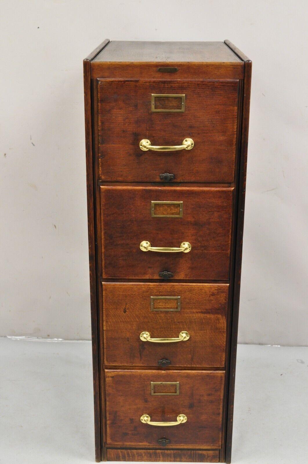 Antique Shaw Walker Quarter Sawn Oak 4 Drawer Arts & Crafts Office File Cabinet. Circa Early 1900s. Measurements: 52