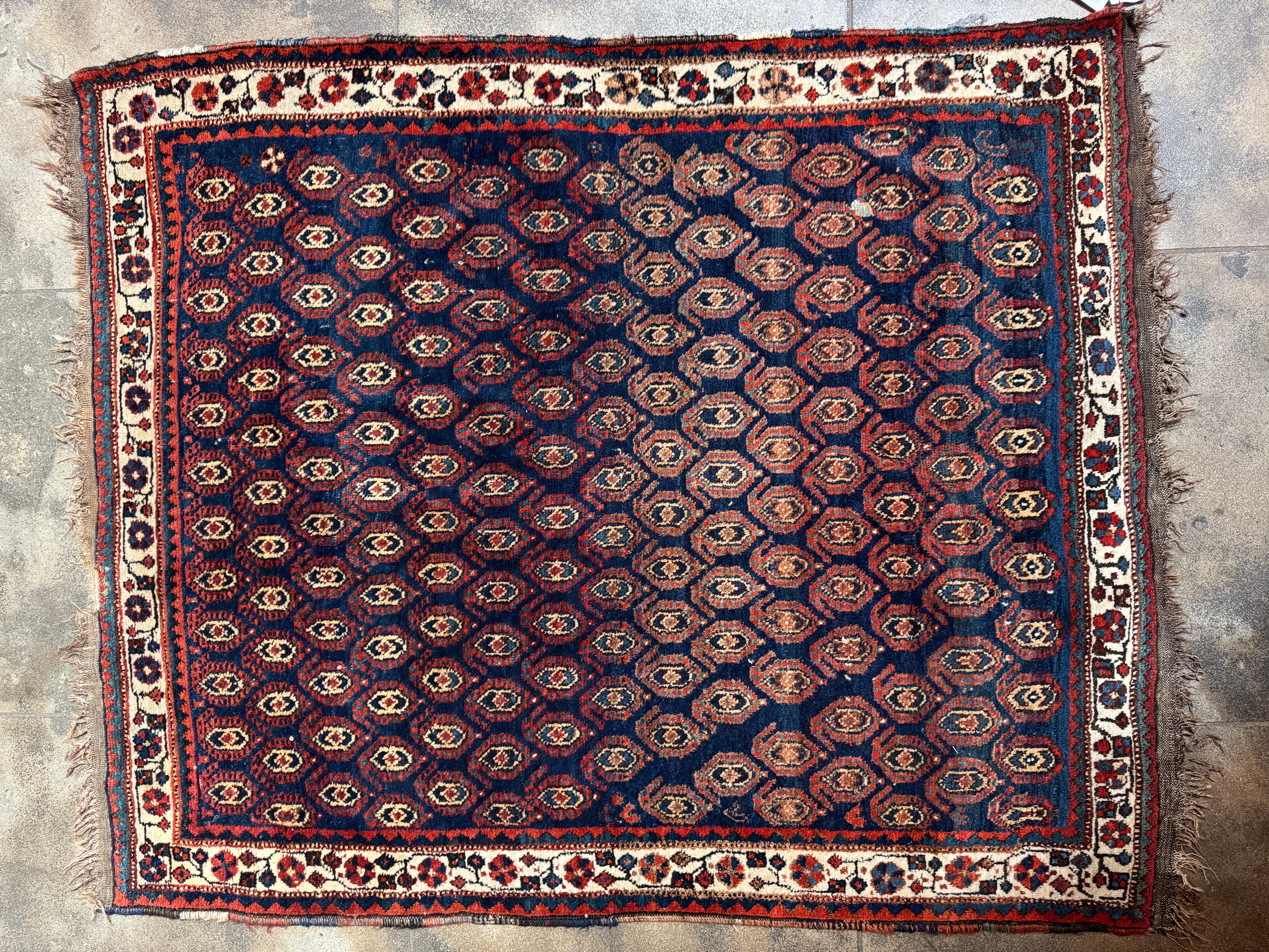 Persian Antique Sheeraz Tribal Rug With Repeating Gul Motif – 5' X 4'1