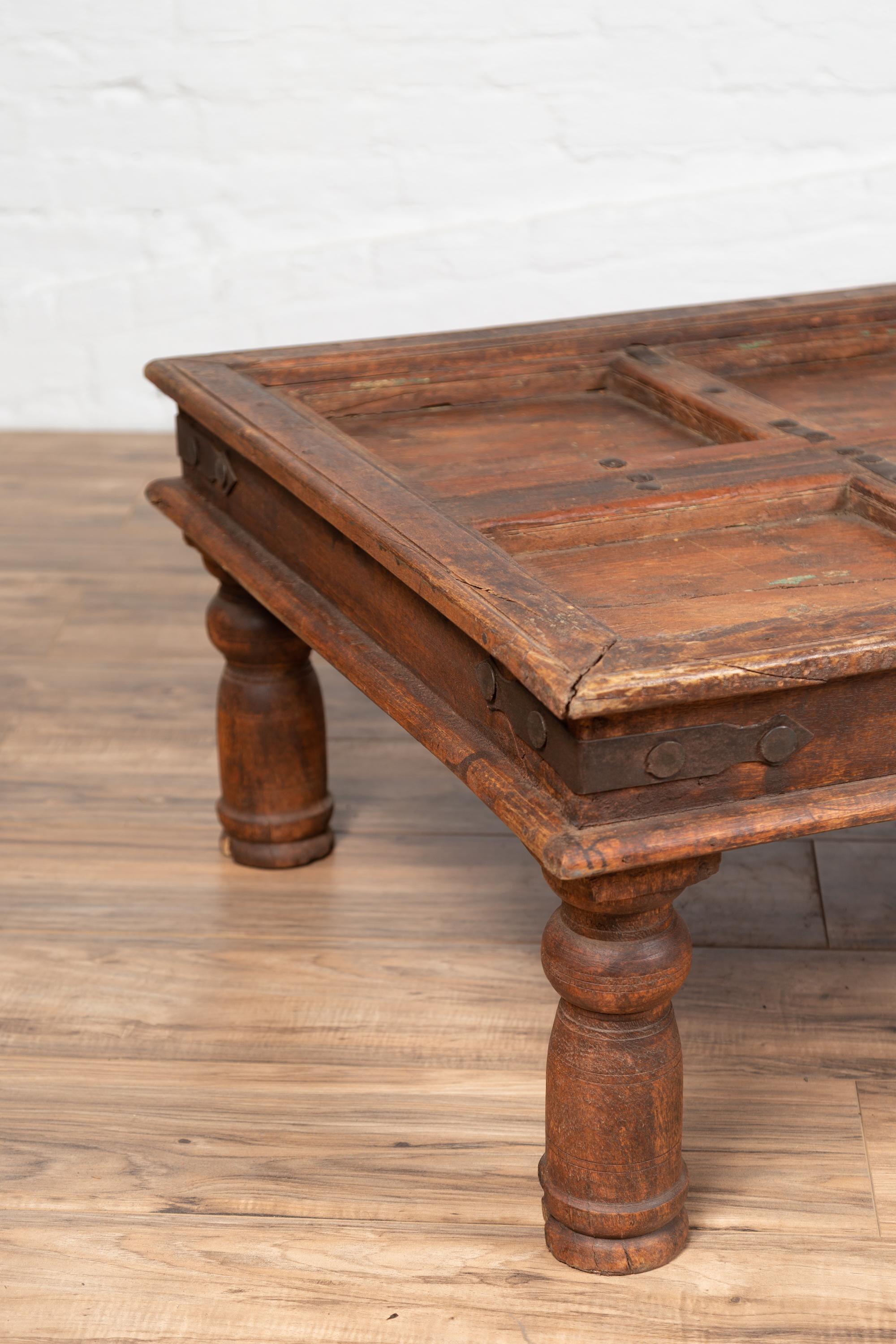 Antique Sheesham Wood Indian Palace Door Made into Coffee Table with Iron Studs 3