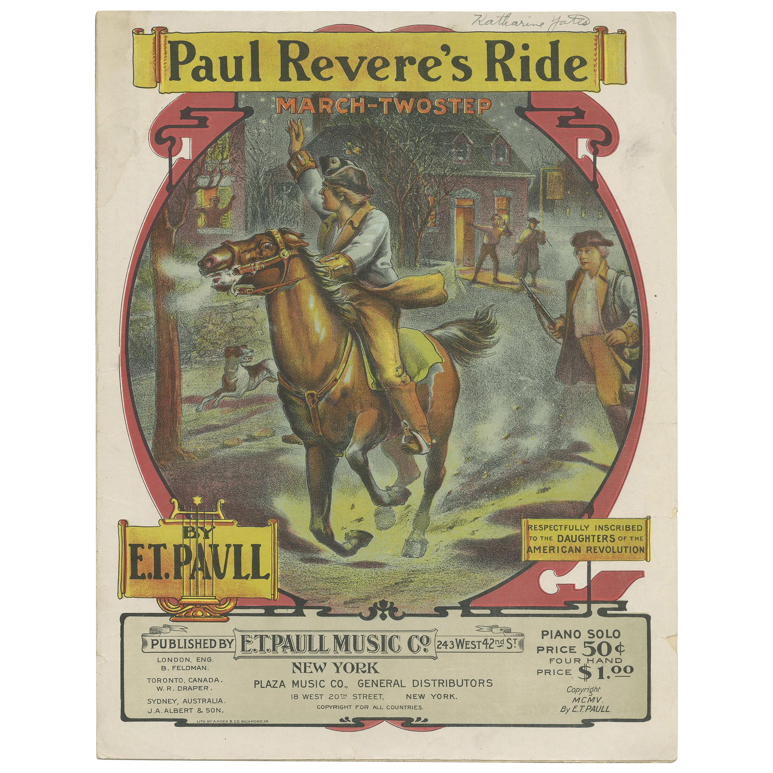 Antique Sheet Music 'Paul Revere's Ride, March-Two Step', Published 1905 For Sale