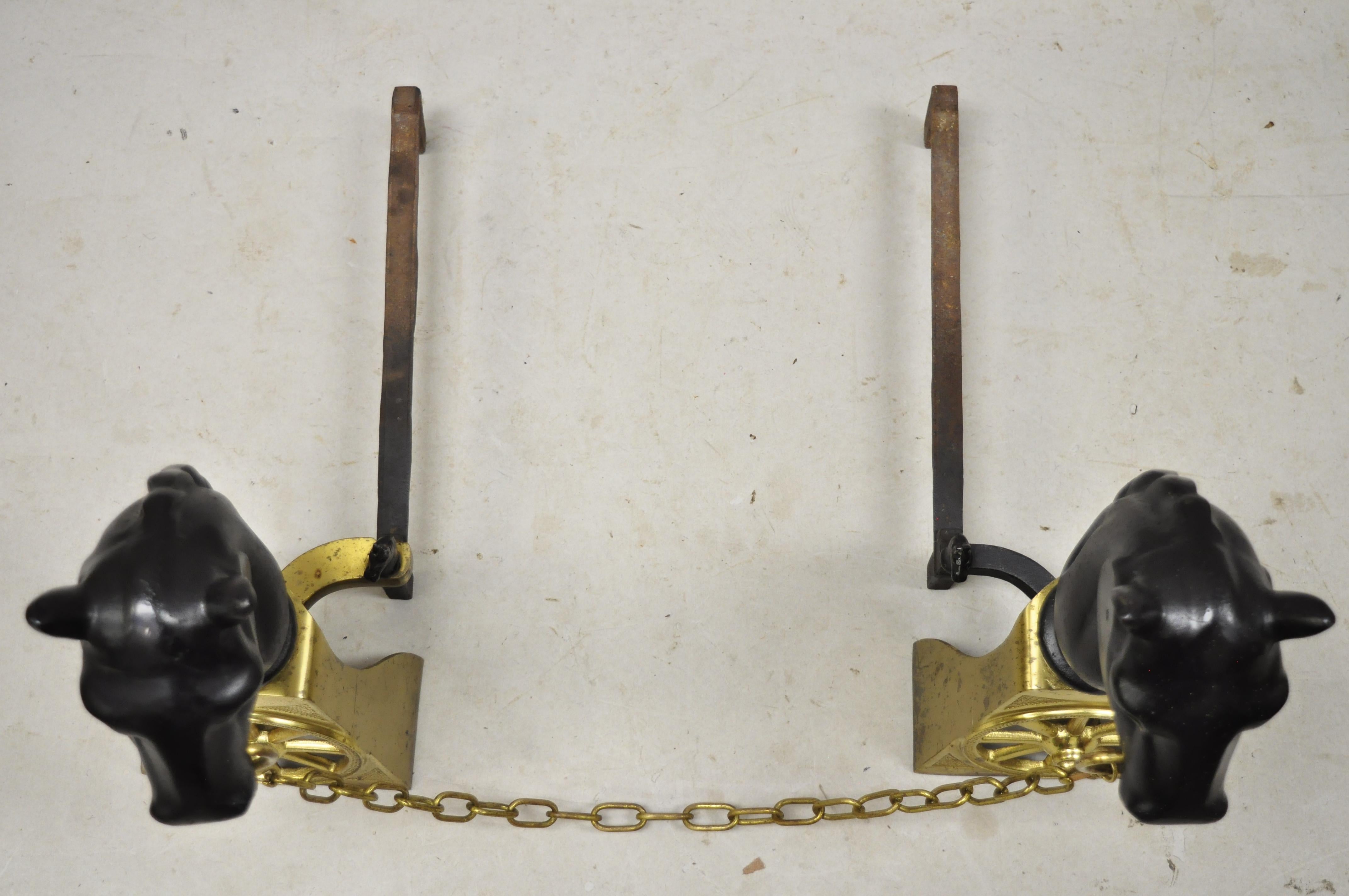 Antique Sheffield Cast Iron and Brass Horse Equestrian Fireplace Andirons, Pair 3