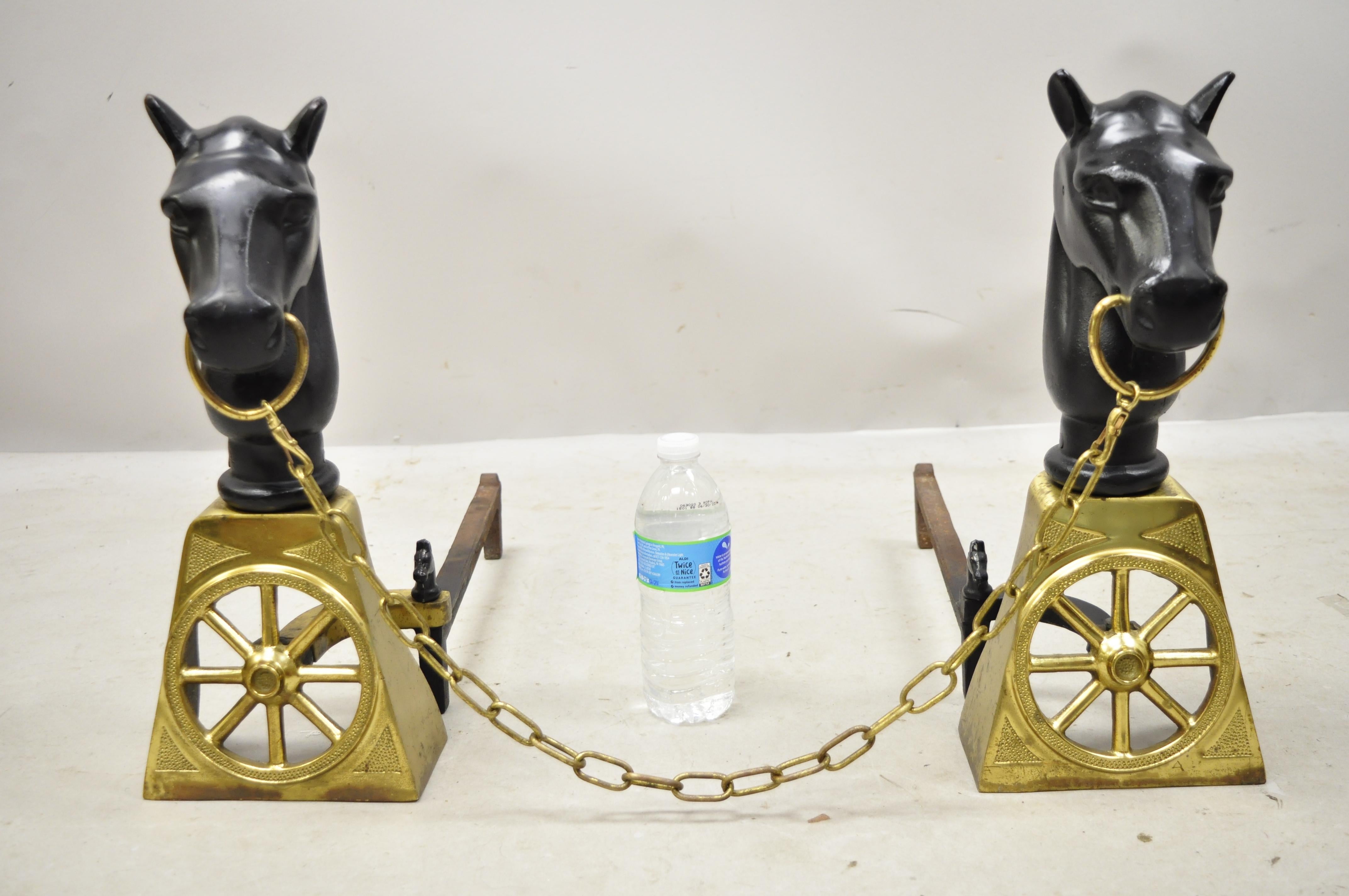 Antique Sheffield Cast Iron and Brass Horse Equestrian Fireplace Andirons, Pair 4