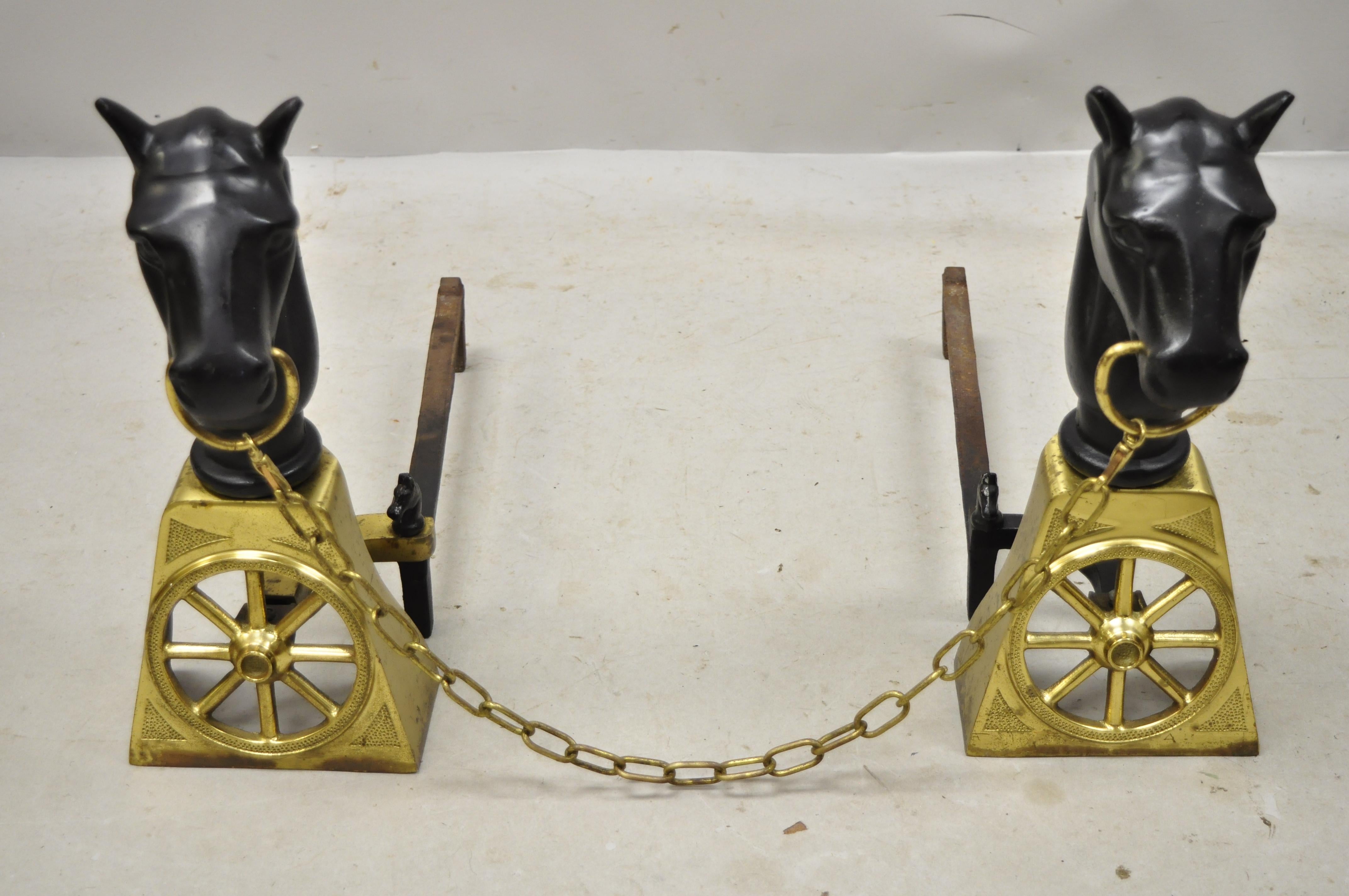 Arts and Crafts Antique Sheffield Cast Iron and Brass Horse Equestrian Fireplace Andirons, Pair