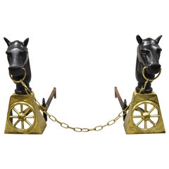Antique Sheffield Cast Iron and Brass Horse Equestrian Fireplace Andirons, Pair