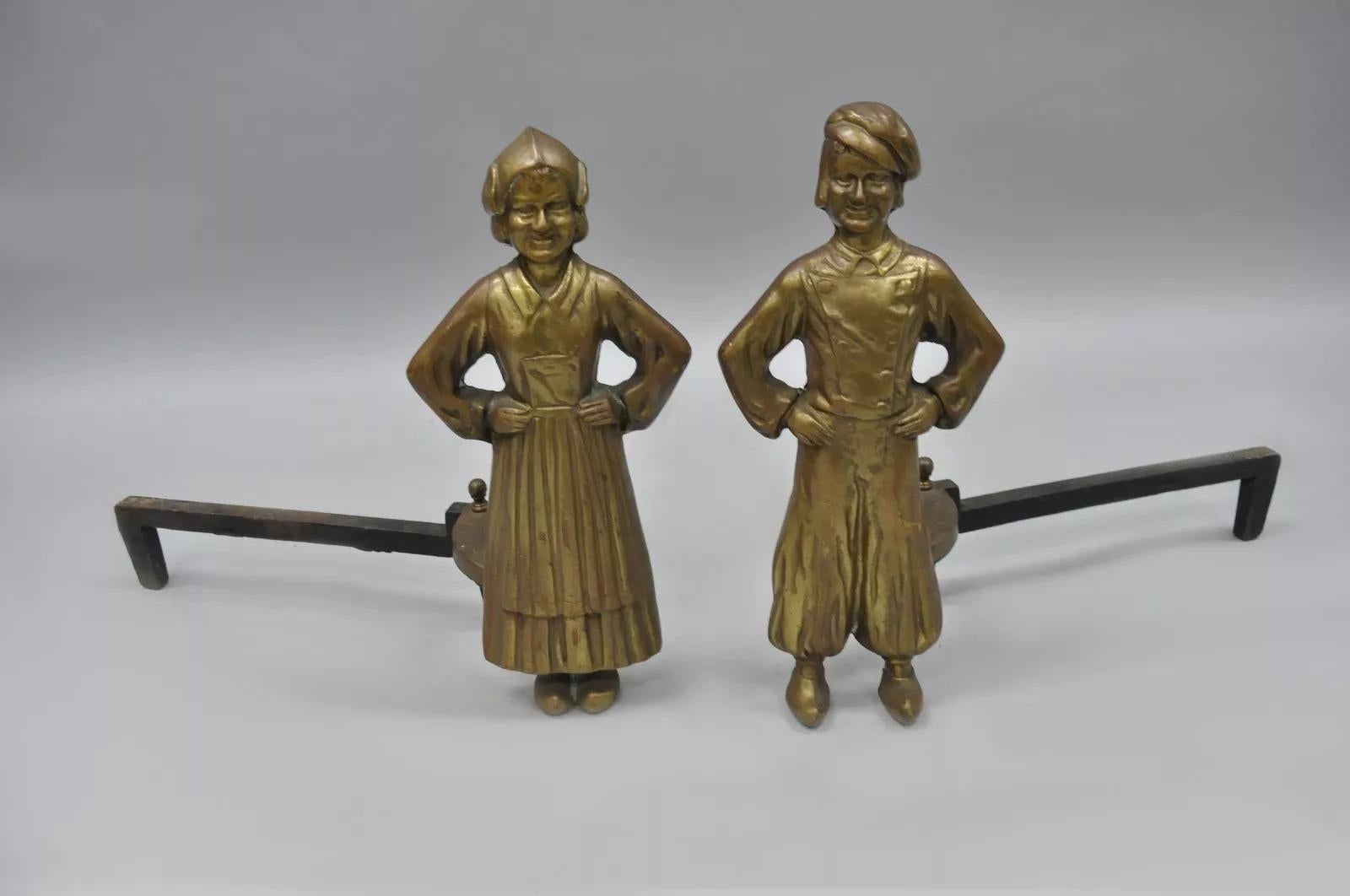 Antiguo niño y niña holandeses de Sheffield de bronce y hierro fundido para chimenea - Pareja en venta 3