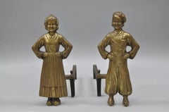 Antique Sheffield Dutch Boy and Girl Bronze & Cast Iron Fireplace Andiron - Pair