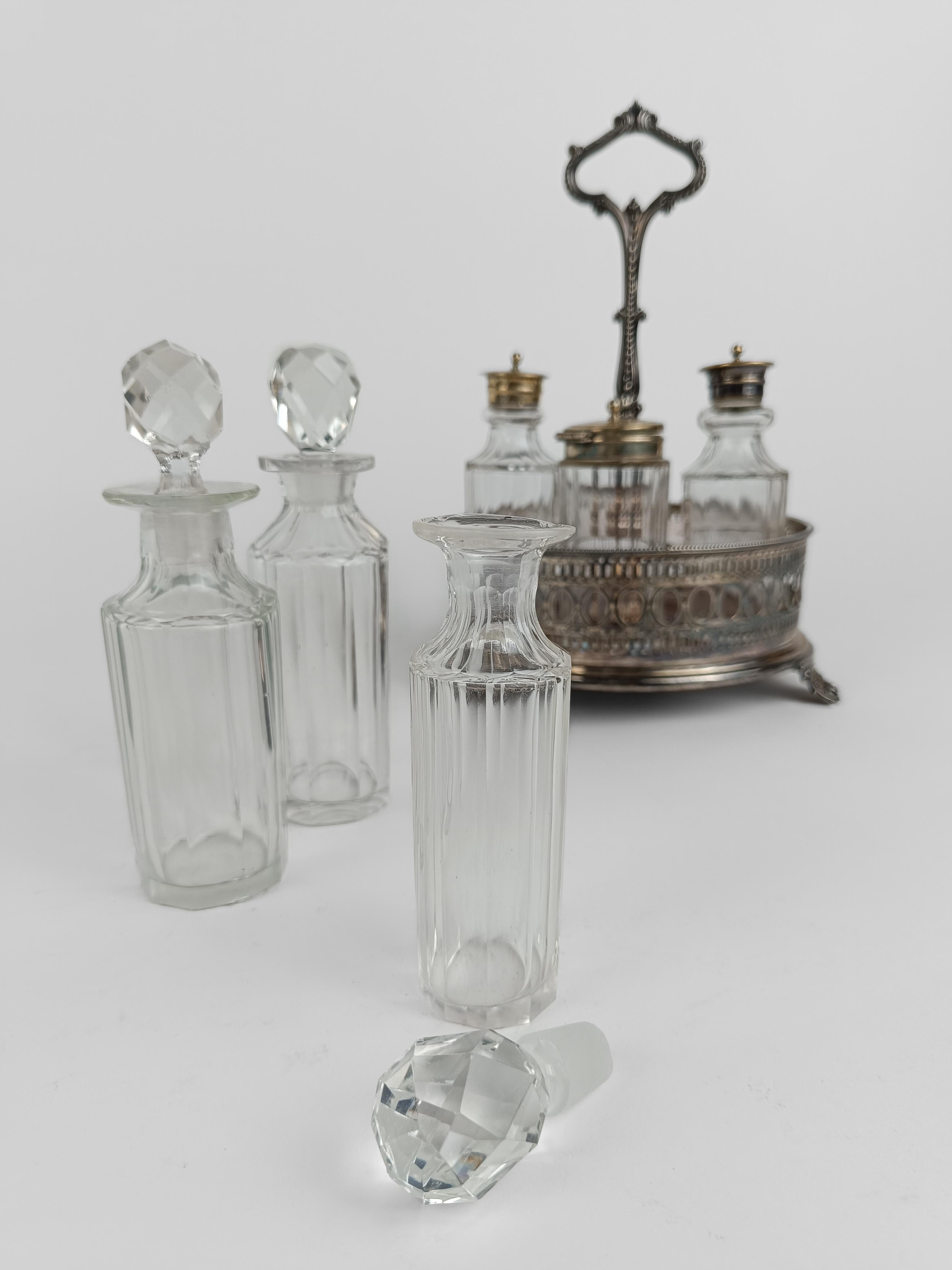 Antique Sheffield England and Silver Plated Cruet Set with Cut Crystal Bottles For Sale 9