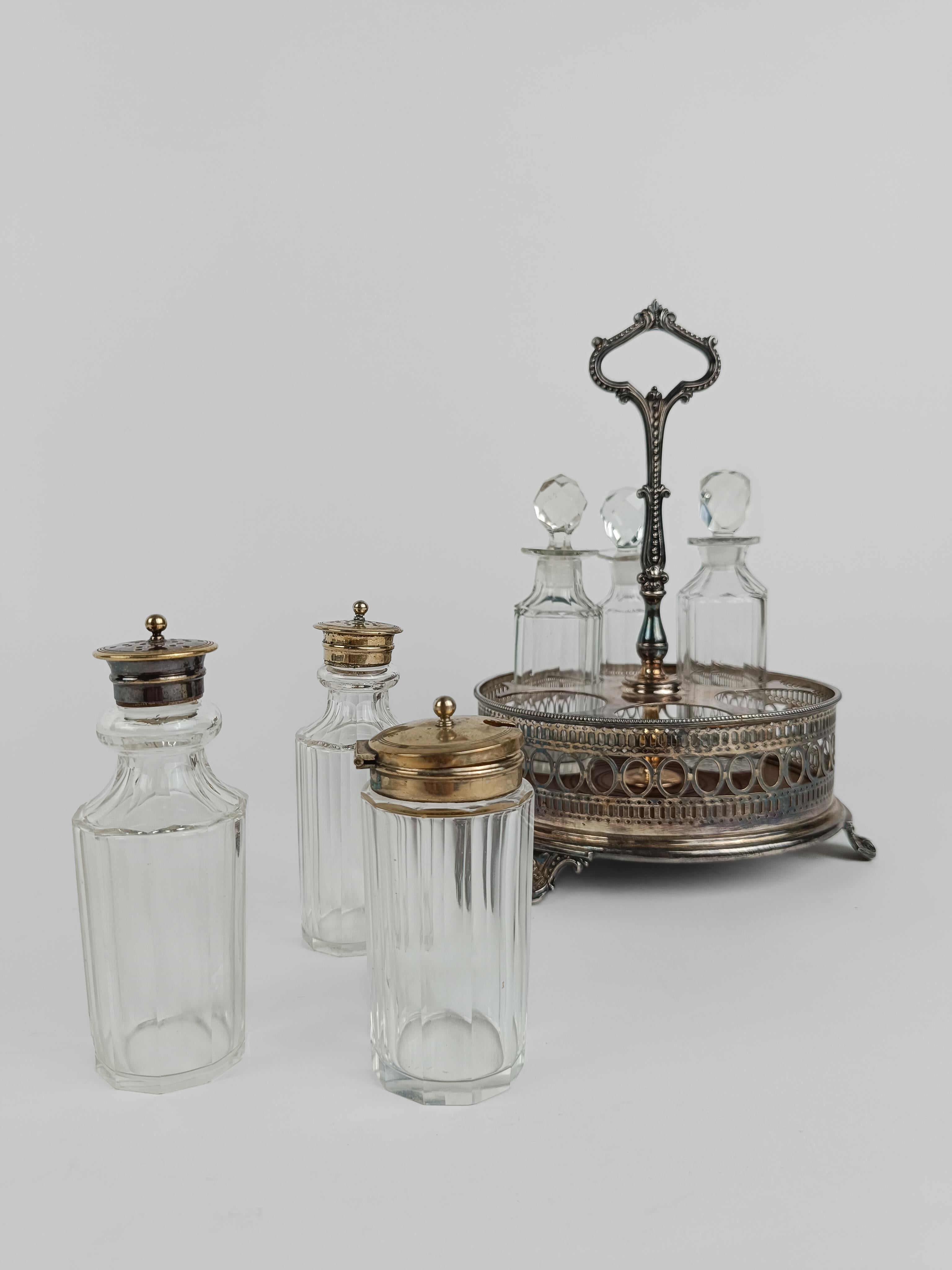 English Antique Sheffield England and Silver Plated Cruet Set with Cut Crystal Bottles For Sale