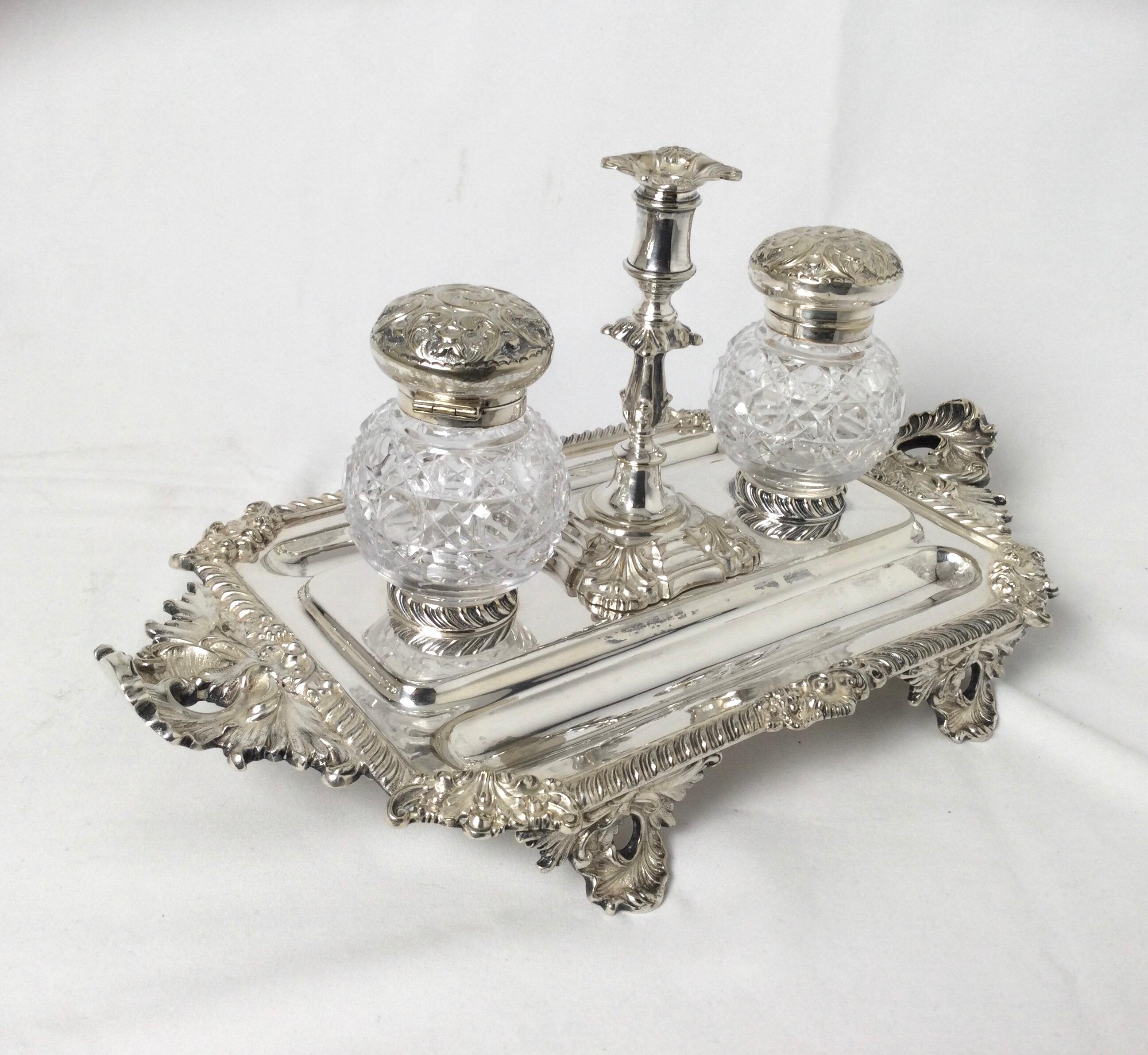 Victorian Antique Sheffield England Double Inkwell Stand For Sale