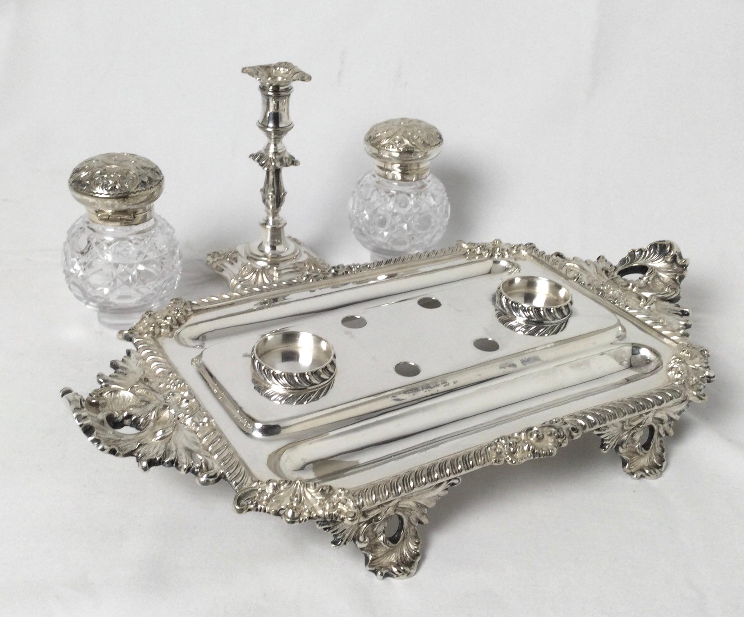 Late 19th Century Antique Sheffield England Double Inkwell Stand For Sale