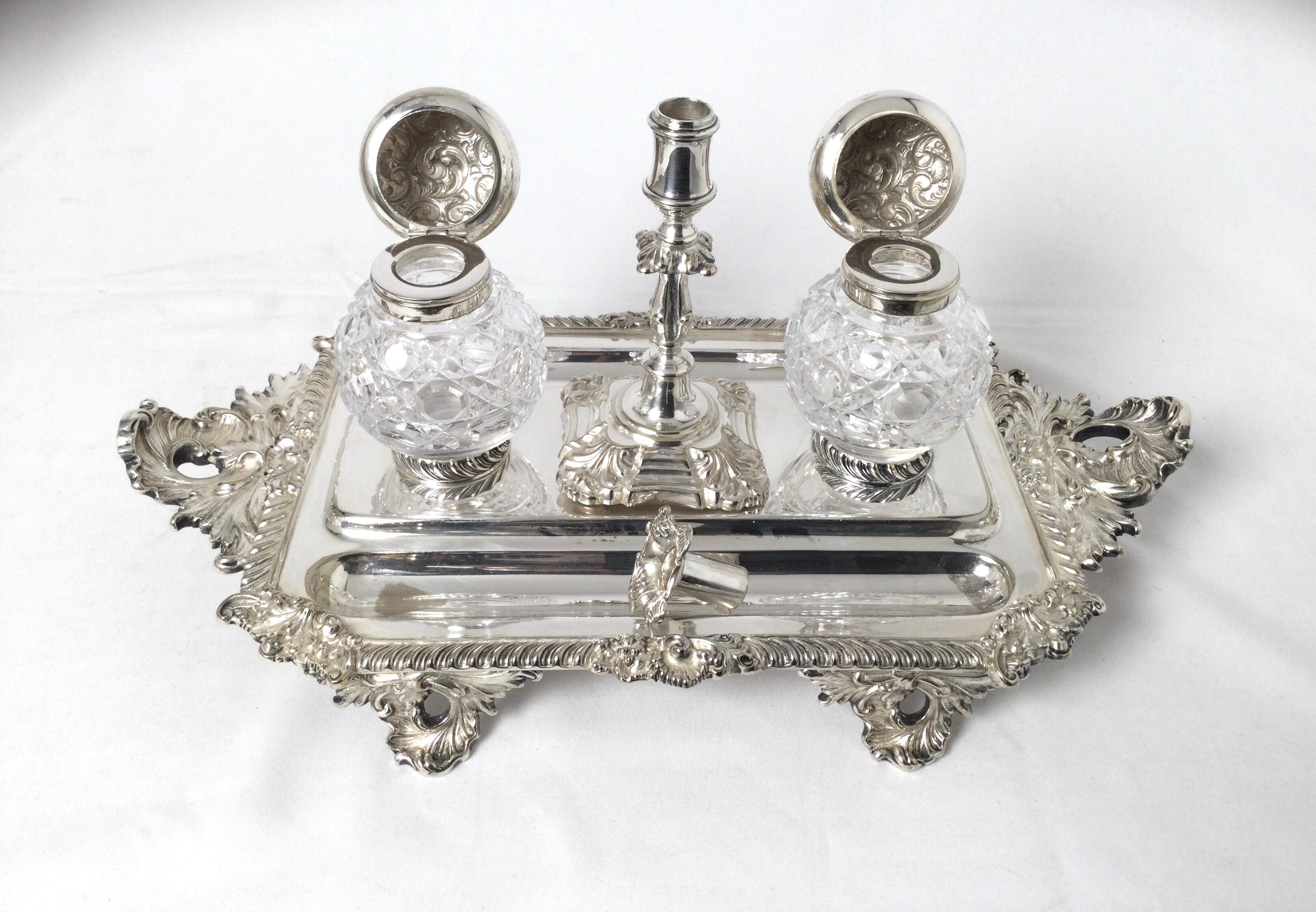 Sheffield Plate Antique Sheffield England Double Inkwell Stand For Sale