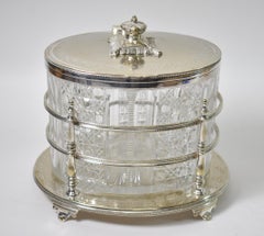 Antique Sheffield English Cut Glass & Silver Biscuit Box Barrel Jar R Richardson