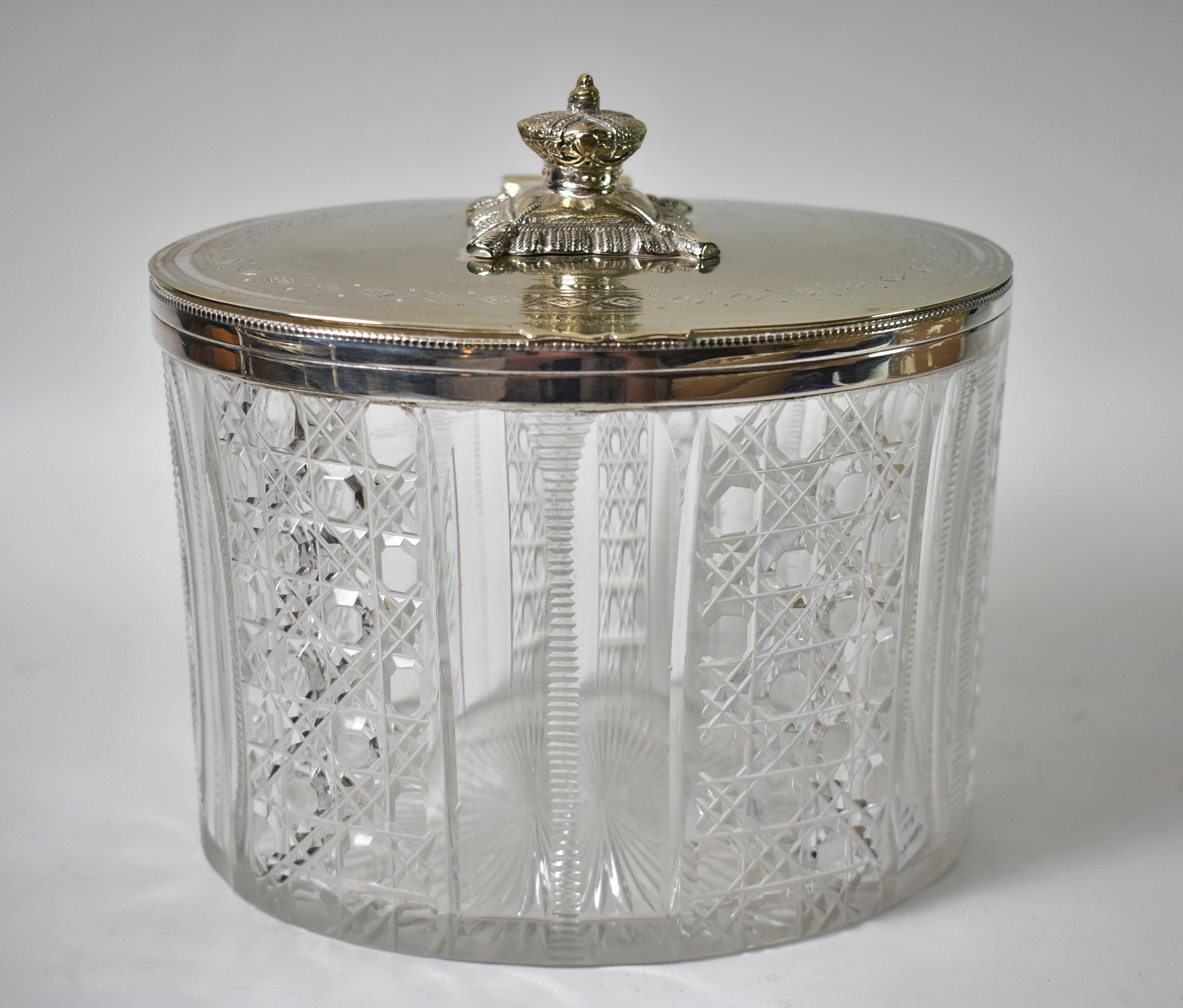 Antique Sheffield English Cut Glass & Silver Biscuit Box Barrel Jar R Richardson In Good Condition In Toledo, OH