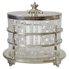 Vintage Sheffield English Cut Glass & Silver Biscuit Box Barrel Jar R Richardson