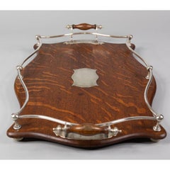 Antique Sheffield English Tiger Oak & Silver Gallery Serving Tray