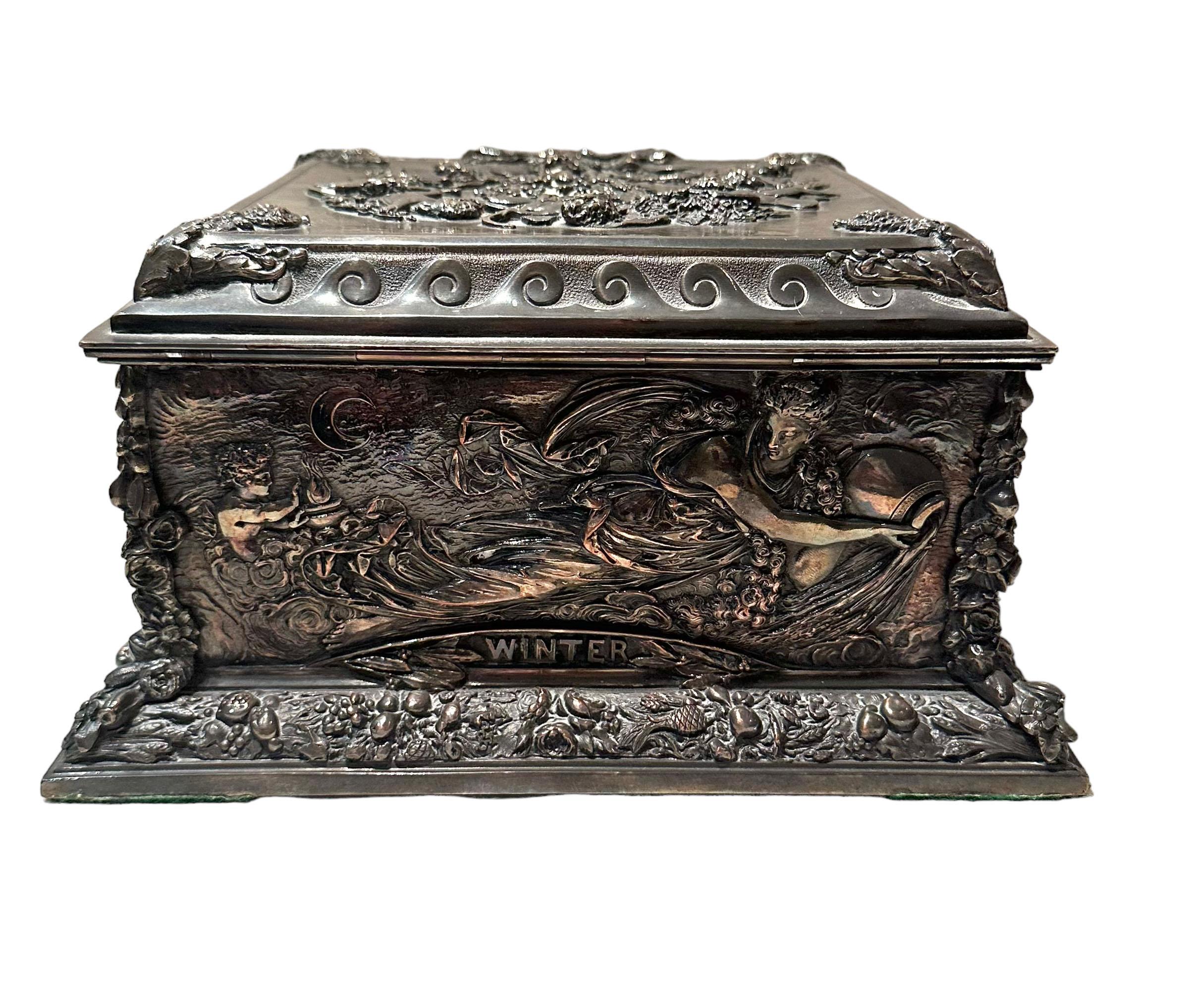 Early 20th Century Antique Sheffield Four Seasons Silver Box  For Sale