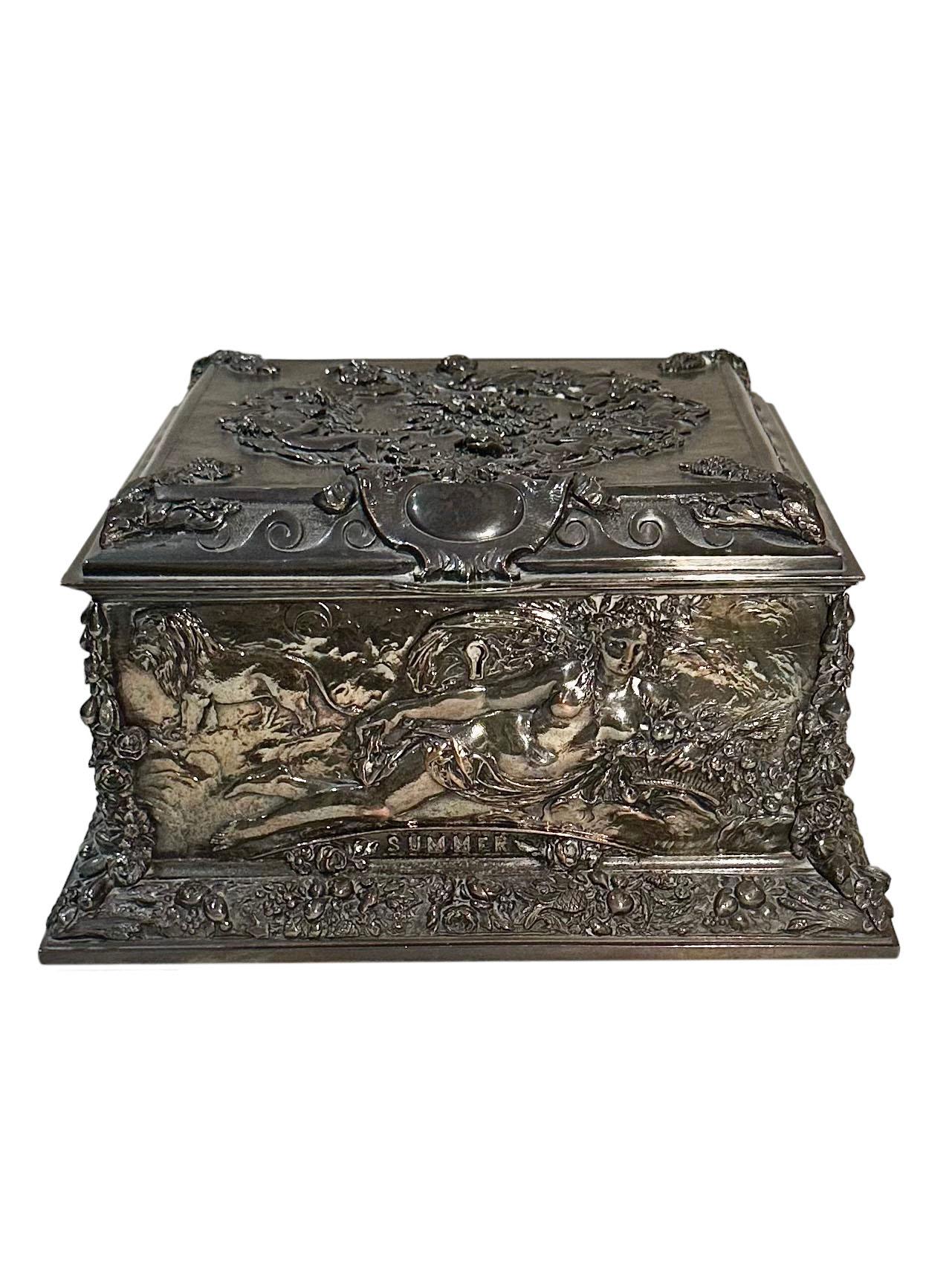 Antike Sheffield Four Seasons Silver Box  (Versilberung) im Angebot