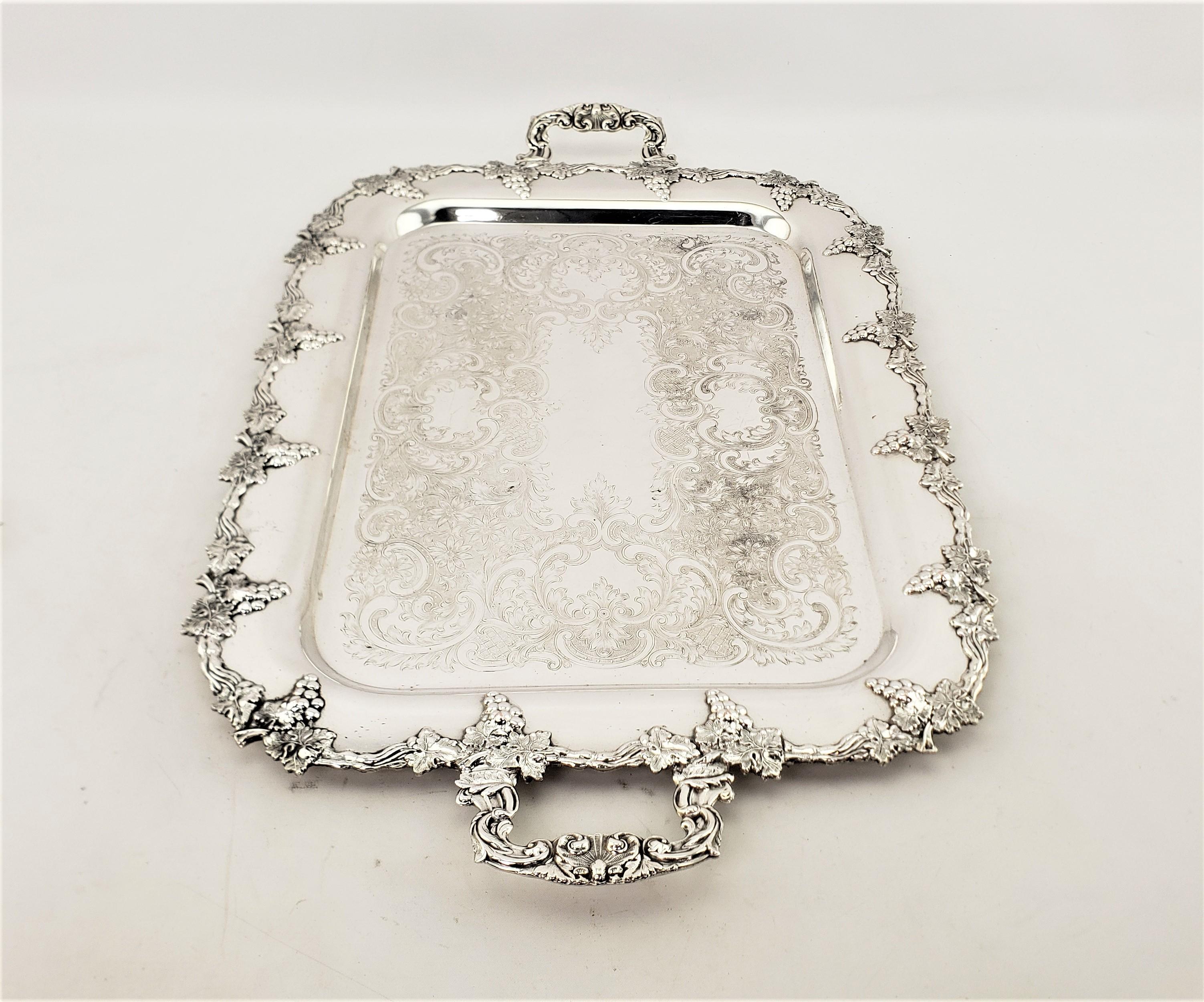 English Antique Sheffield Reproduction Silver Plated Serving Tray with Grapes & Leaves For Sale