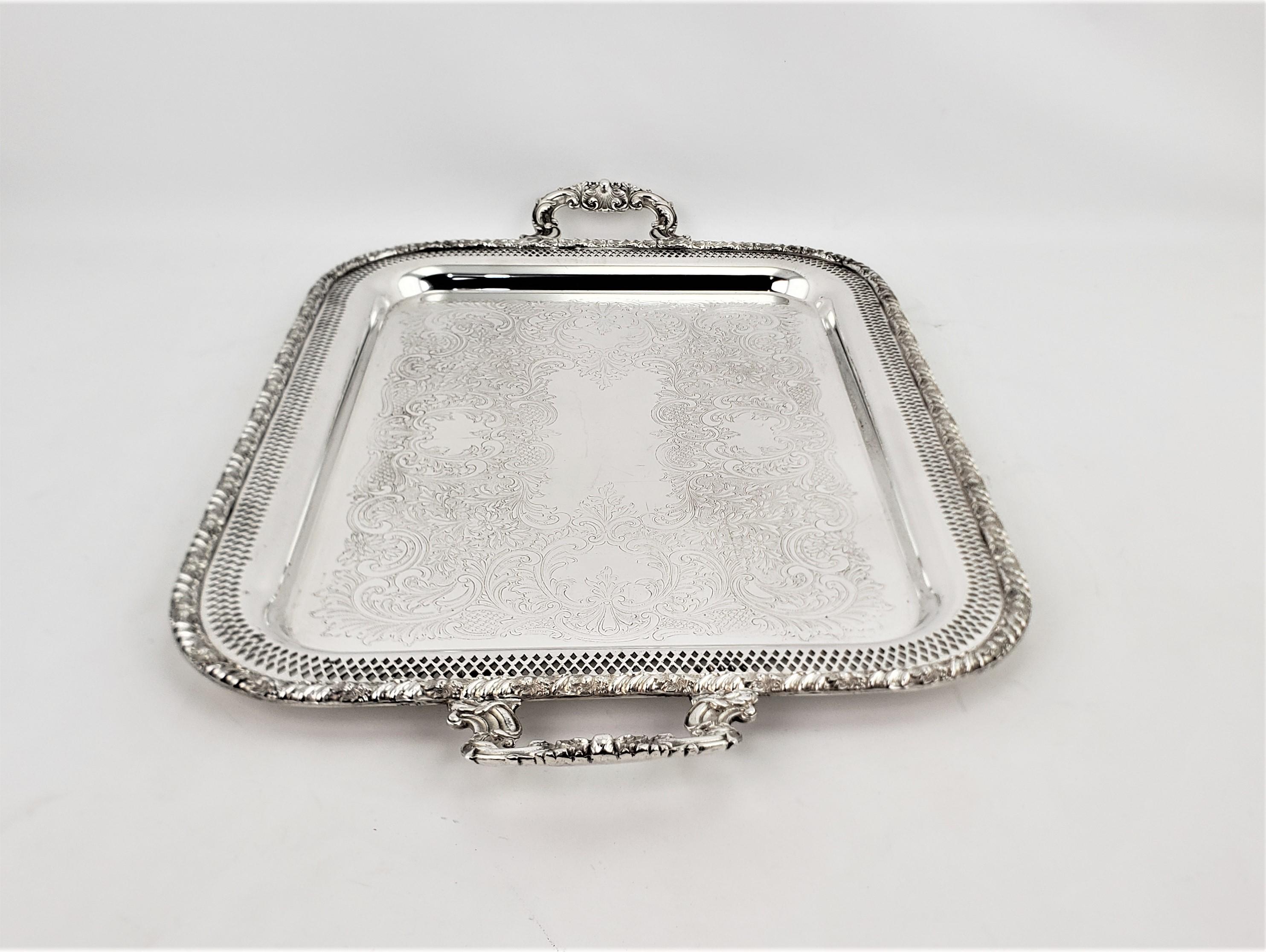 English Antique Sheffield Reproduction Silver Plated Serving Tray with Pierced Surround For Sale