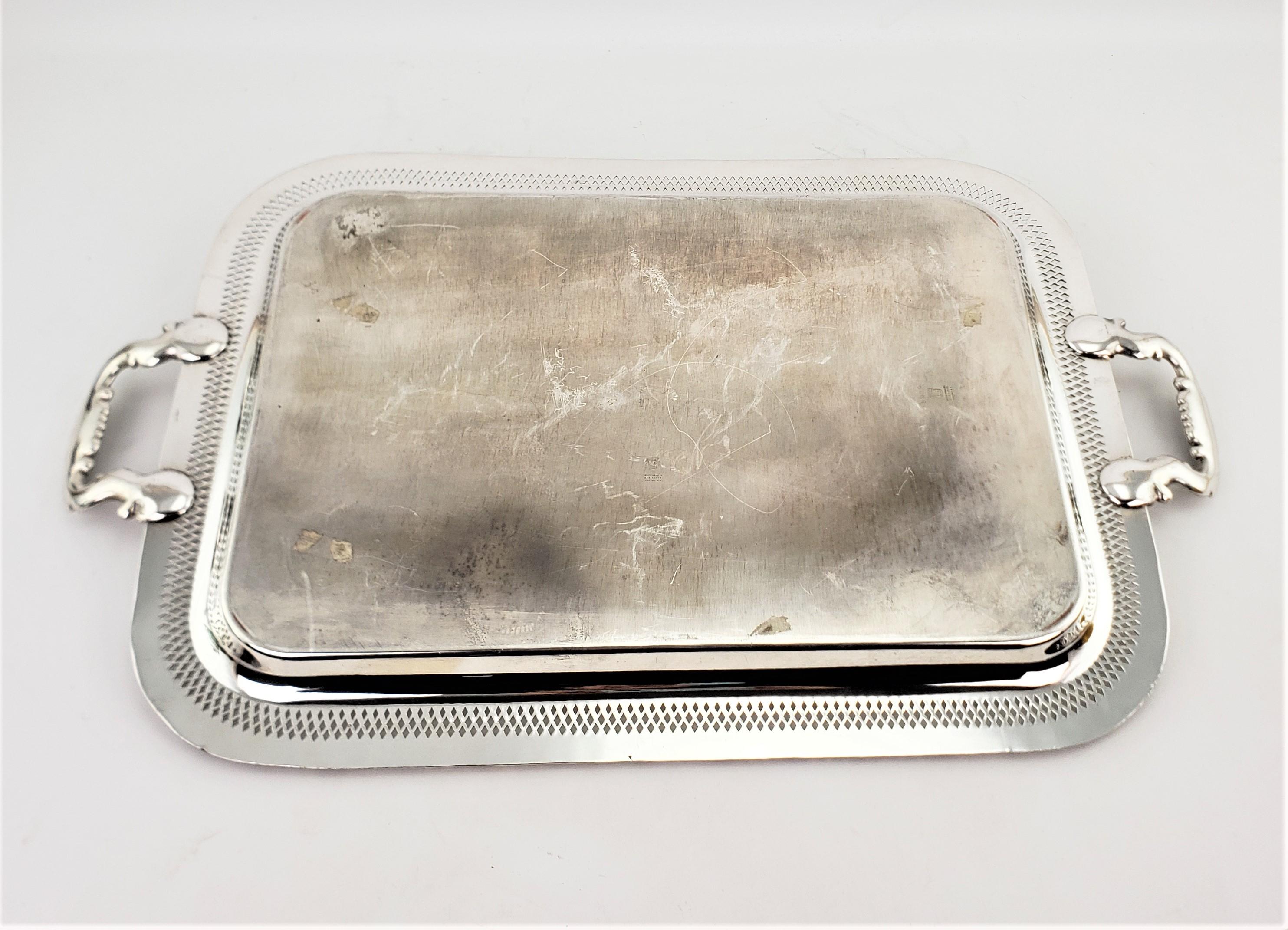 Machine-Made Antique Sheffield Reproduction Silver Plated Serving Tray with Pierced Surround For Sale