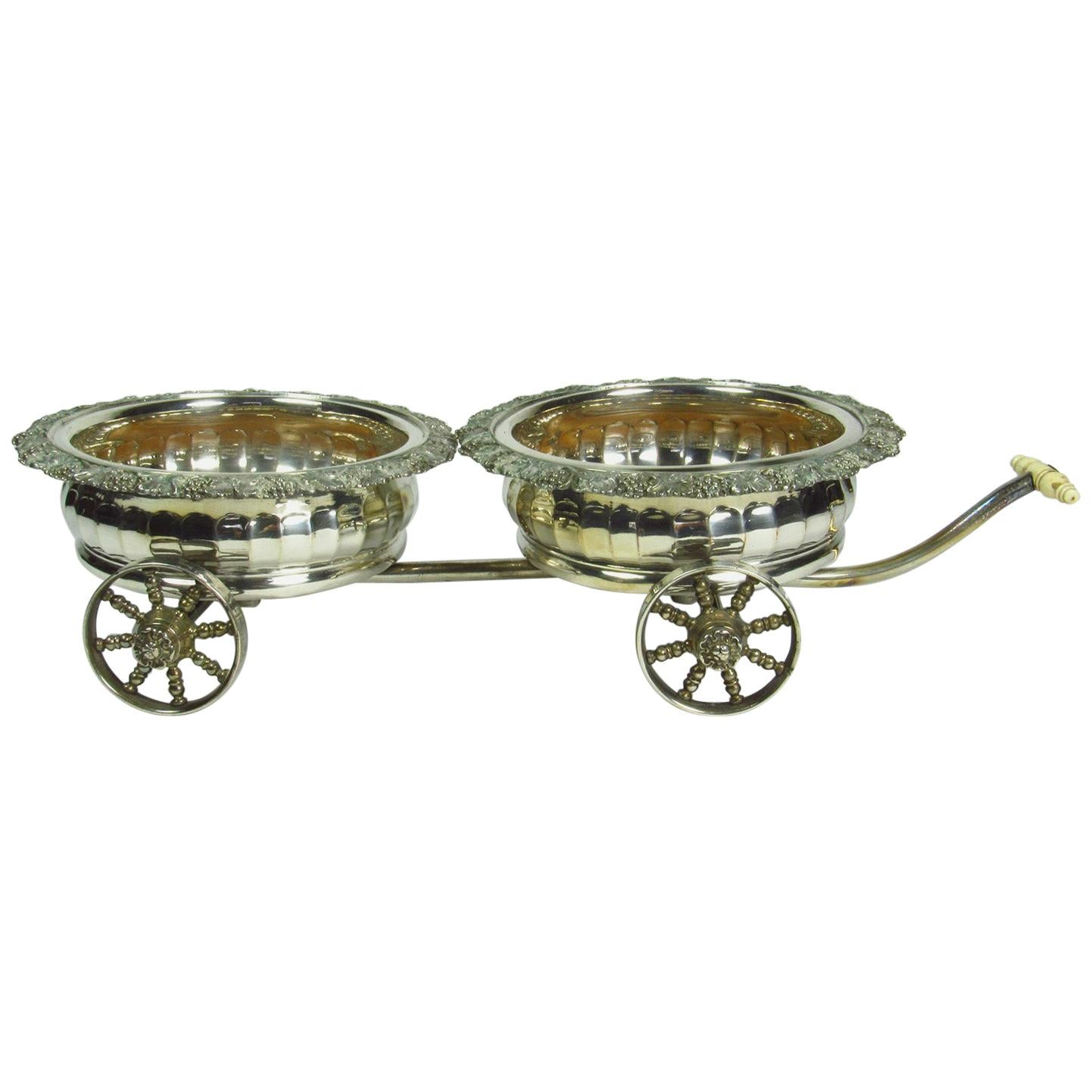 Antique Sheffield Silver Plate Double Wine Caddy Wagon