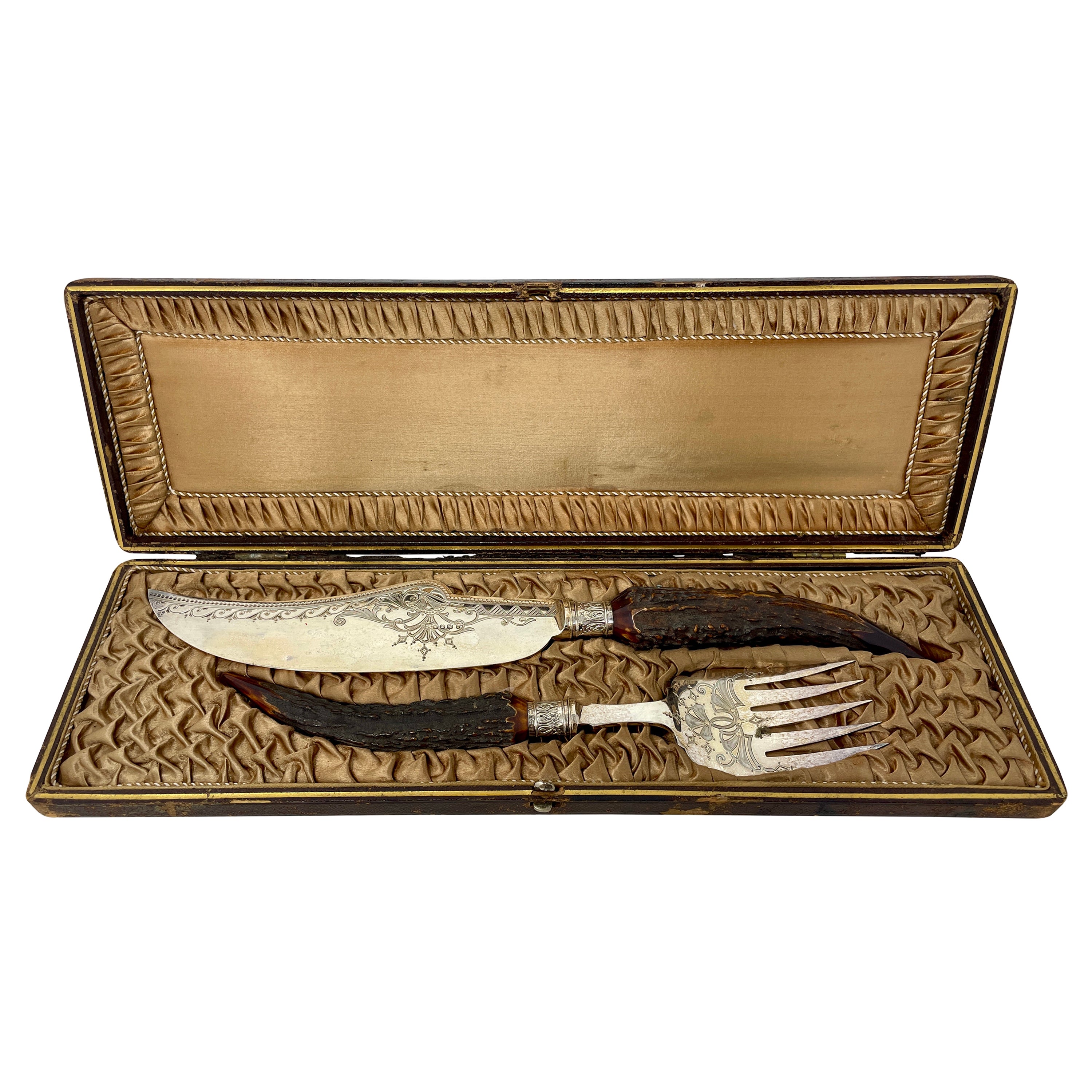 Antique Sheffield Silver-Plate Fork & Knife Servers with Horn Handles Circa 1880