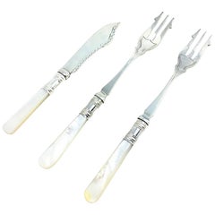 Antique Sheffield Silver Plate Mother of Pearl Seafood Pair of Forks and Knife