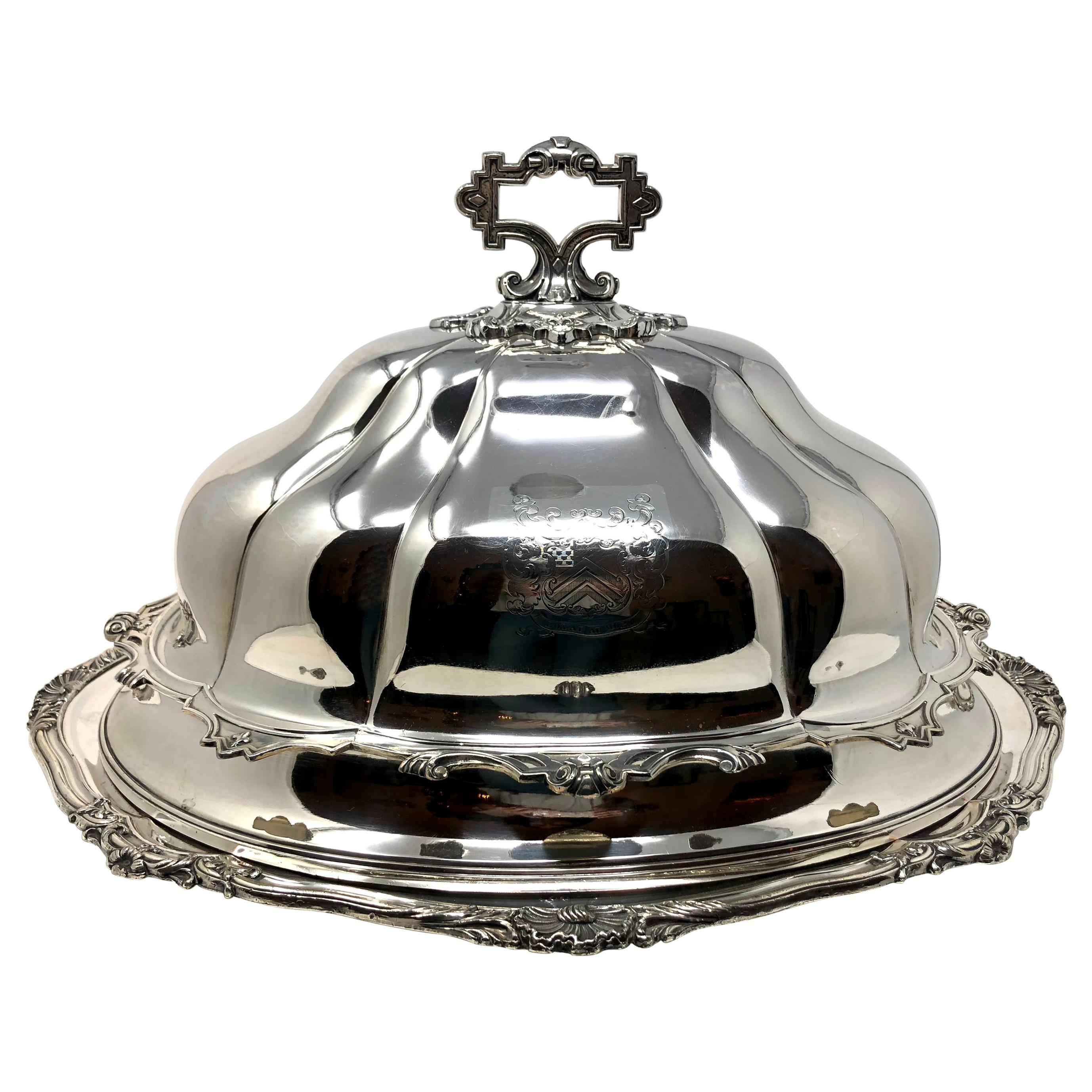 Cúpula y bandeja para carne de plata Sheffield antigua "Plata sobre cobre", Circa 1840-1850