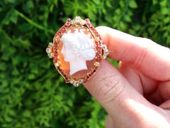 Antique Shell 0.72 Carat Ruby and 0.78 Carat Diamond Yellow Gold Cameo Brooch