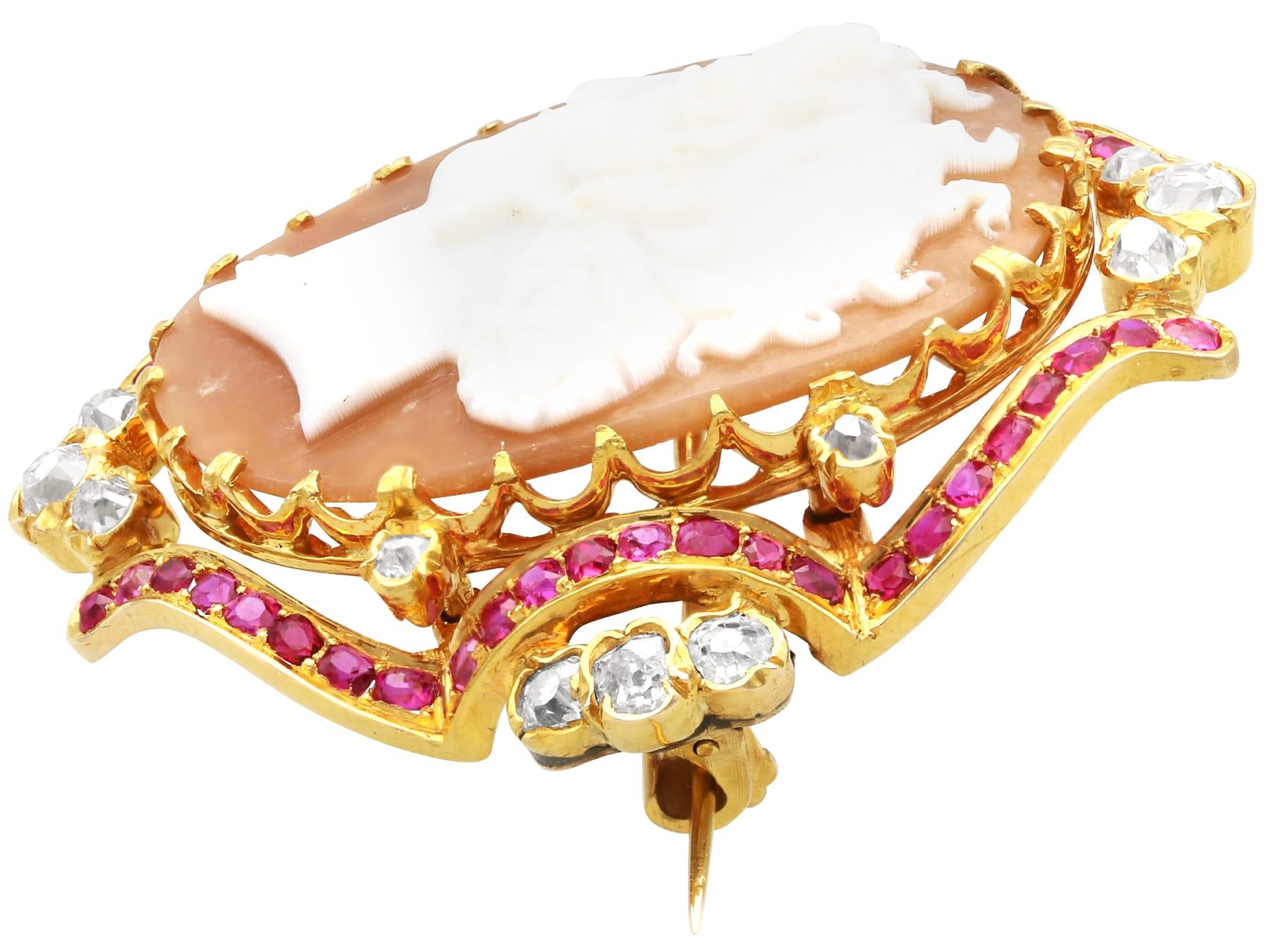 Victorian Antique Shell 0.72 Carat Ruby and 0.78 Carat Diamond Yellow Gold Cameo Brooch For Sale