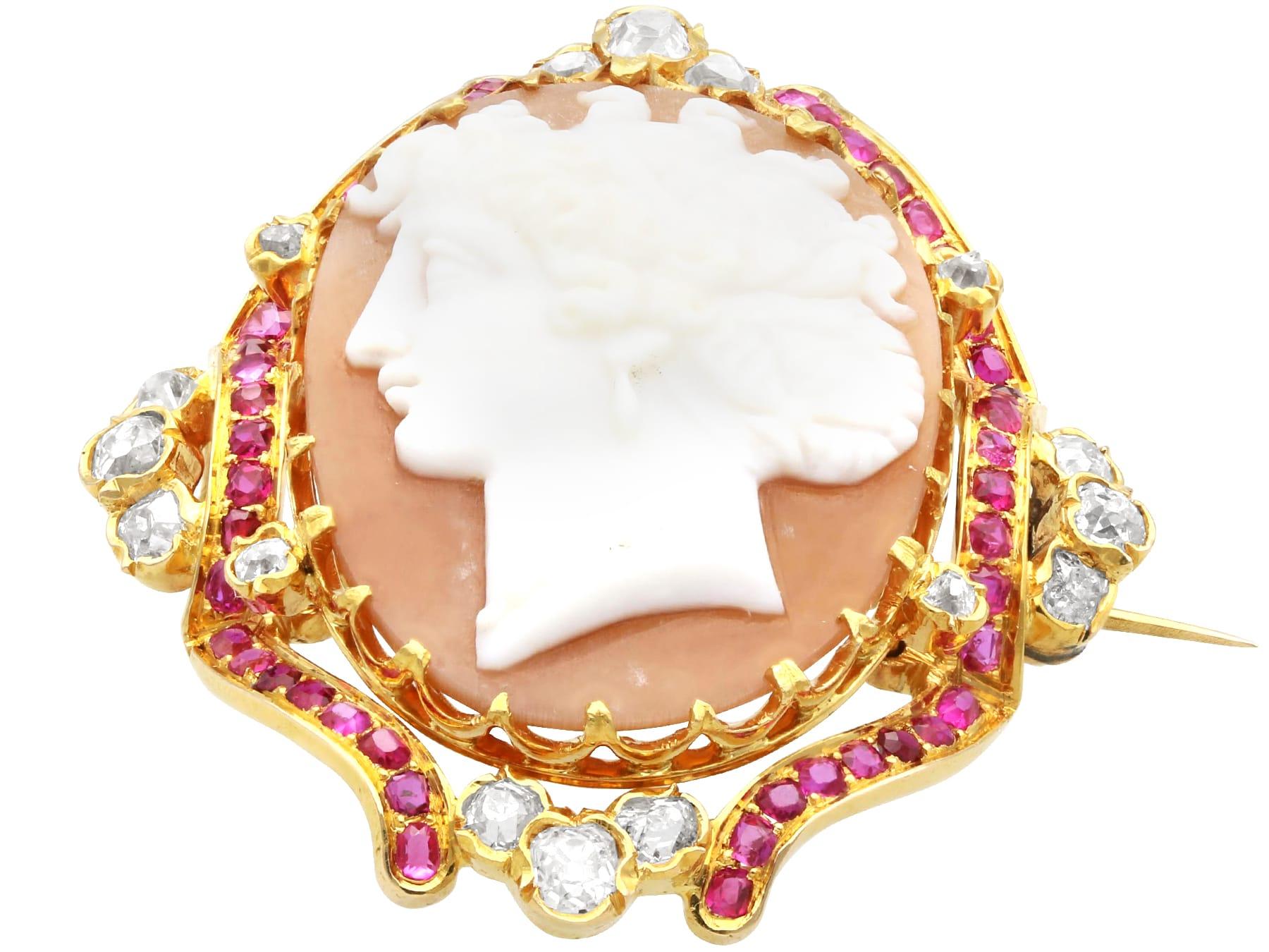 Round Cut Antique Shell 0.72 Carat Ruby and 0.78 Carat Diamond Yellow Gold Cameo Brooch For Sale