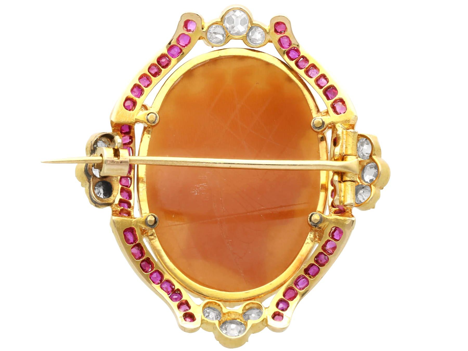 Antique Shell 0.72 Carat Ruby and 0.78 Carat Diamond Yellow Gold Cameo Brooch In Excellent Condition For Sale In Jesmond, Newcastle Upon Tyne