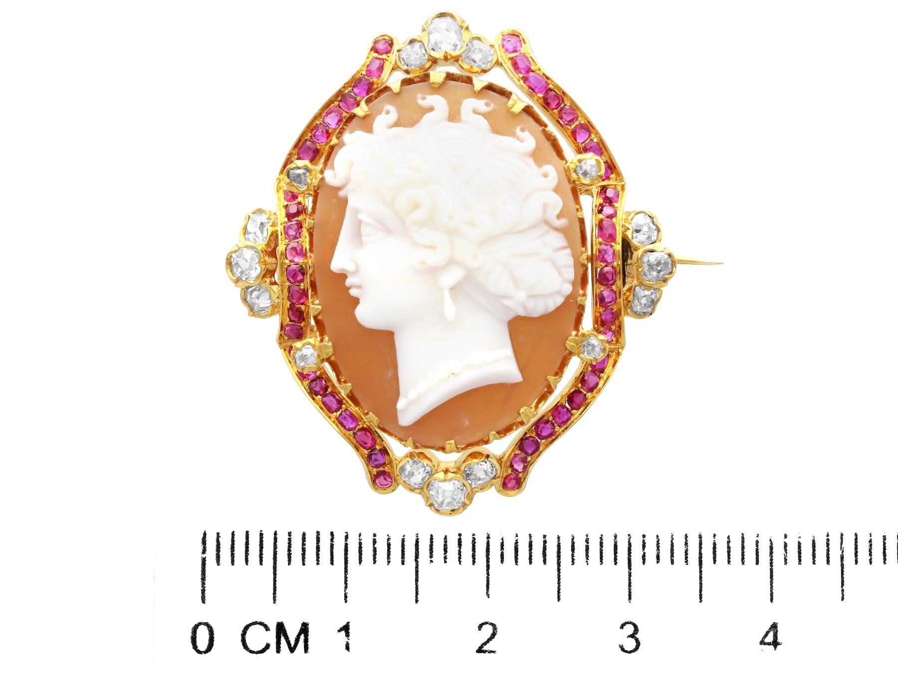 Antique Shell 0.72 Carat Ruby and 0.78 Carat Diamond Yellow Gold Cameo Brooch For Sale 1