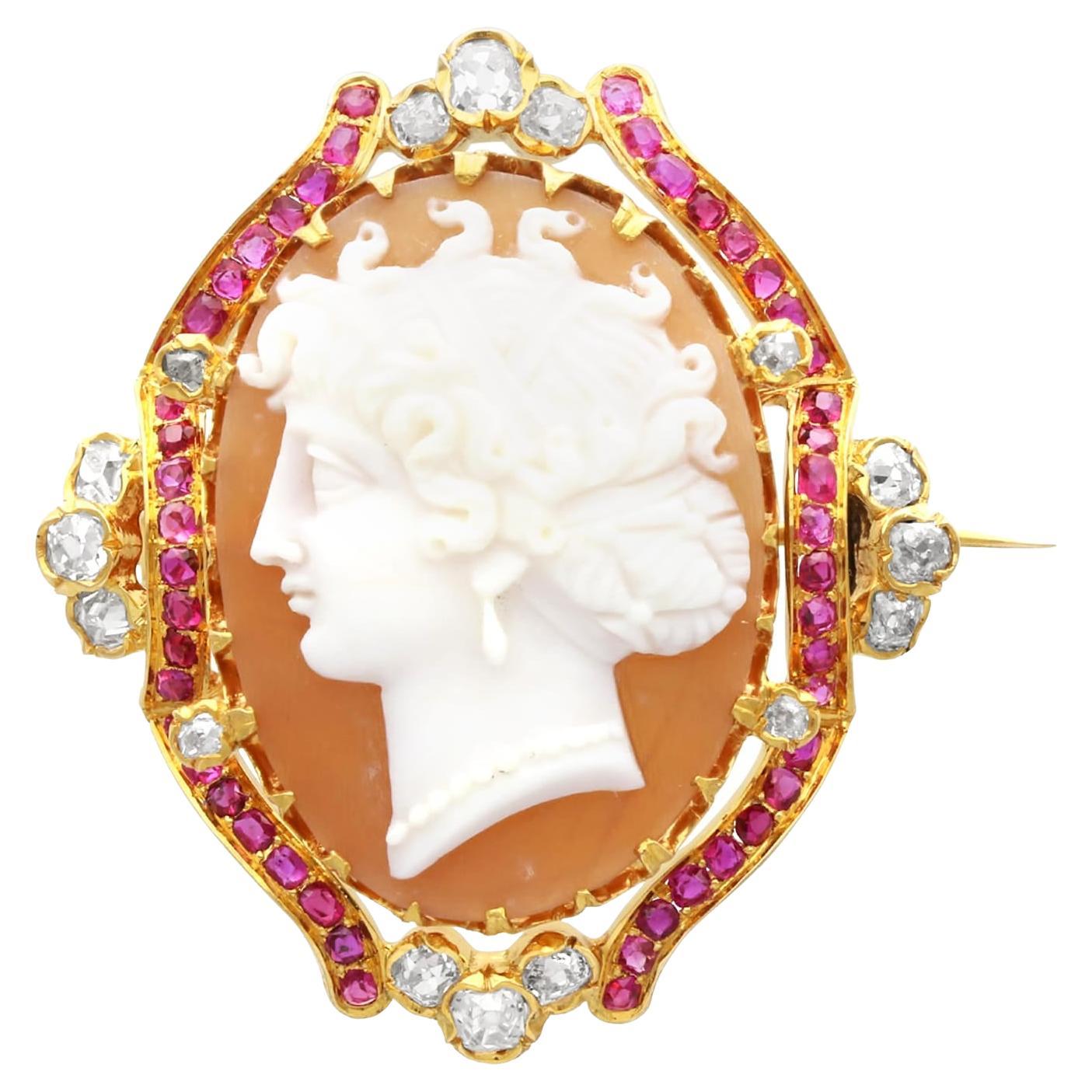 Antique Shell 0.72 Carat Ruby and 0.78 Carat Diamond Yellow Gold Cameo Brooch For Sale