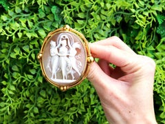 Antique Shell and 21k Yellow Gold Three Graces Cameo Brooch Circa 1880