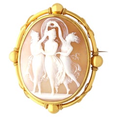 Antique Shell and 21k Yellow Gold Three Graces Cameo Brooch Circa 1880