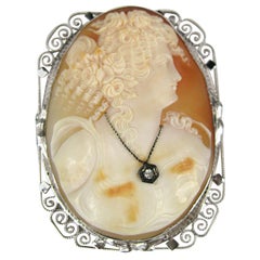 Antique Shell Cameo 14K White Gold Brooch Pendant w/ Diamond