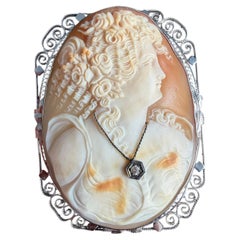 Antique Shell Cameo 14K White Gold Brooch Pendant w/ Diamond