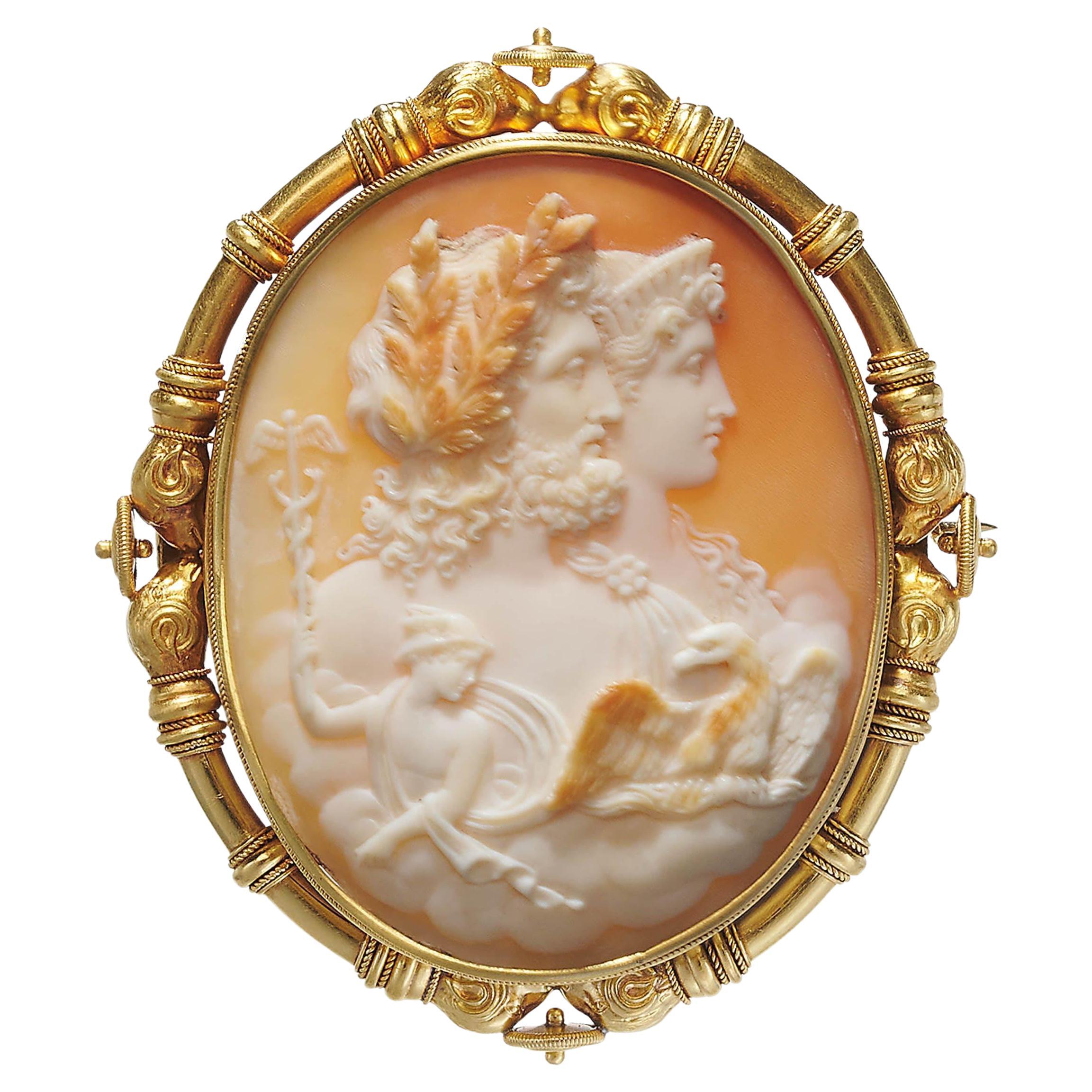 Antique Shell Cameo And Gold Brooch, Jupiter, Juno And Mercury, Circa 1875 For Sale