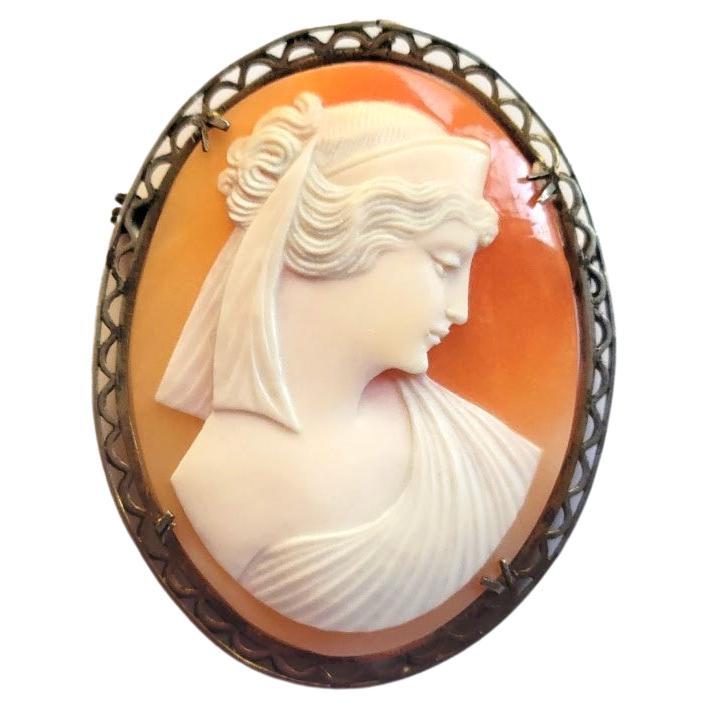 Antique Shell Cameo Brooch Young Lady, late 1800s For Sale