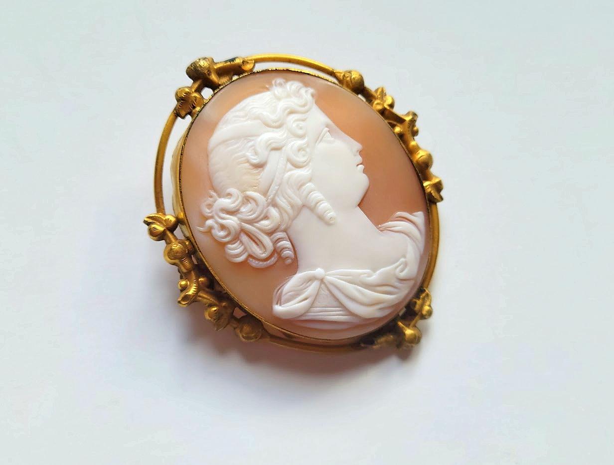 Victorian Cameo Brooch. Fabulous carved Victorian brooch made around the late 19th early 20th century. It depicts a beautiful portrait of a young lady. The execution of the shell is amazing, and the relief helps to add details and dimension to the