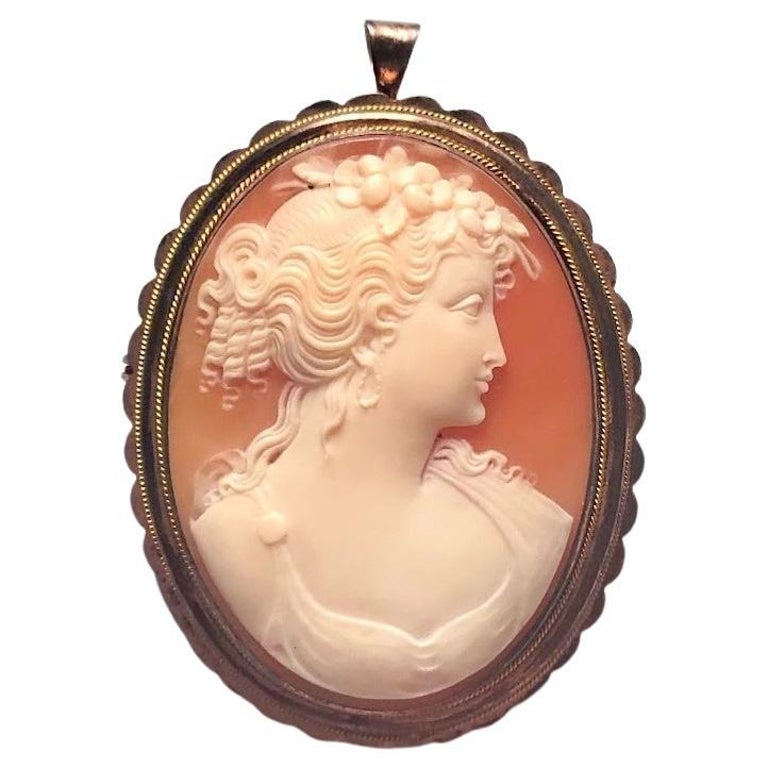 Broche Ancienne En Camée Sur Coquillage - Portrait De Femme, Art Glyptique, Occasion