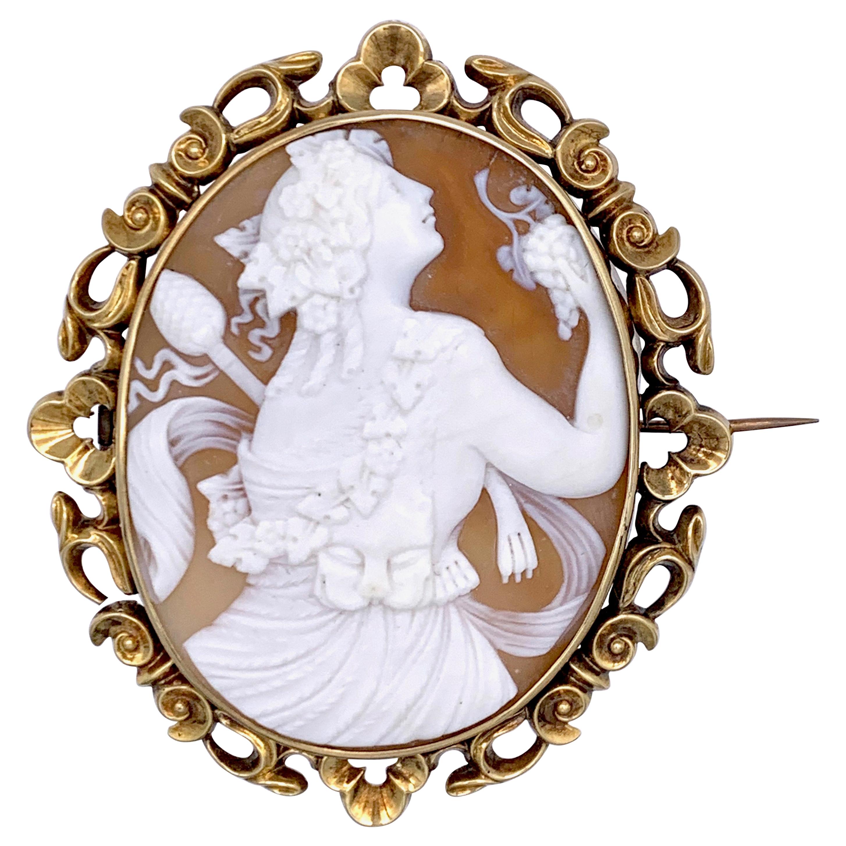 Antique Shell Cameo of a Dancing Bacchante Holding a Bunch of Grapes