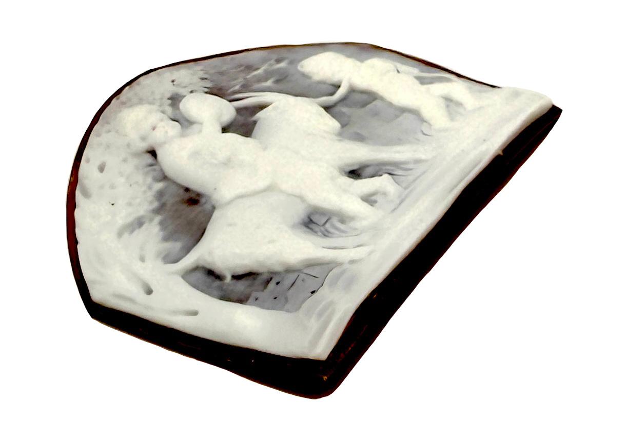 Belle Époque Antique Shell Cameo Dionysus Boys with Billy Goat Leash Eros Gold Brooch For Sale