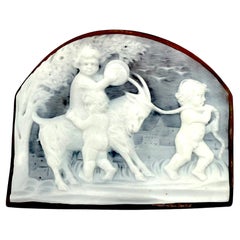 Antique Shell Cameo Dionysus Boys with Billy Goat Leash Eros Gold Brooch
