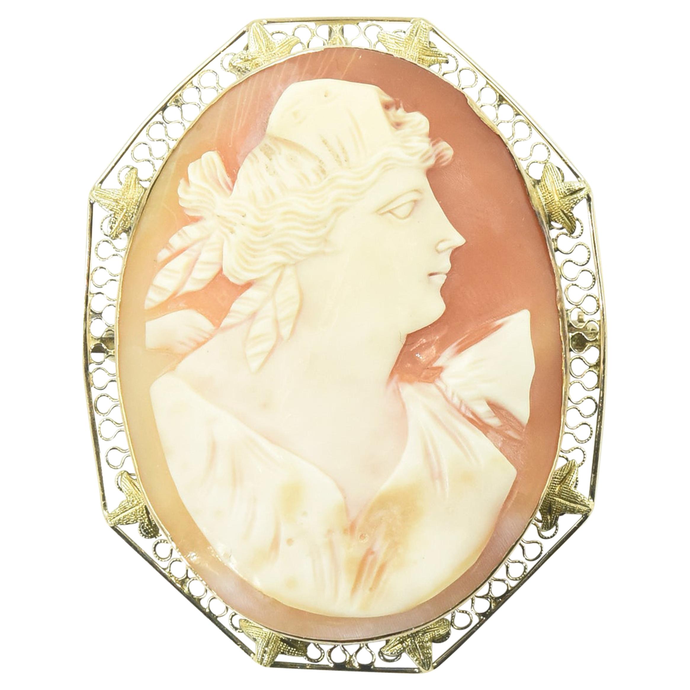 Antique Shell Cameo Portrait Gold Brooch Pendant