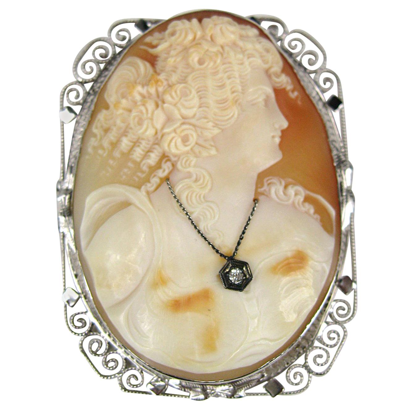  Antique Shell Cameo White Gold Brooch Pendant w/ Diamond  For Sale