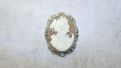 Antique Shell Cameo White Gold with Diamond Brooch Greek Goddess Artemis