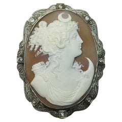 Antique Shell Cameo White Gold with Diamond Brooch Greek Goddess Artemis